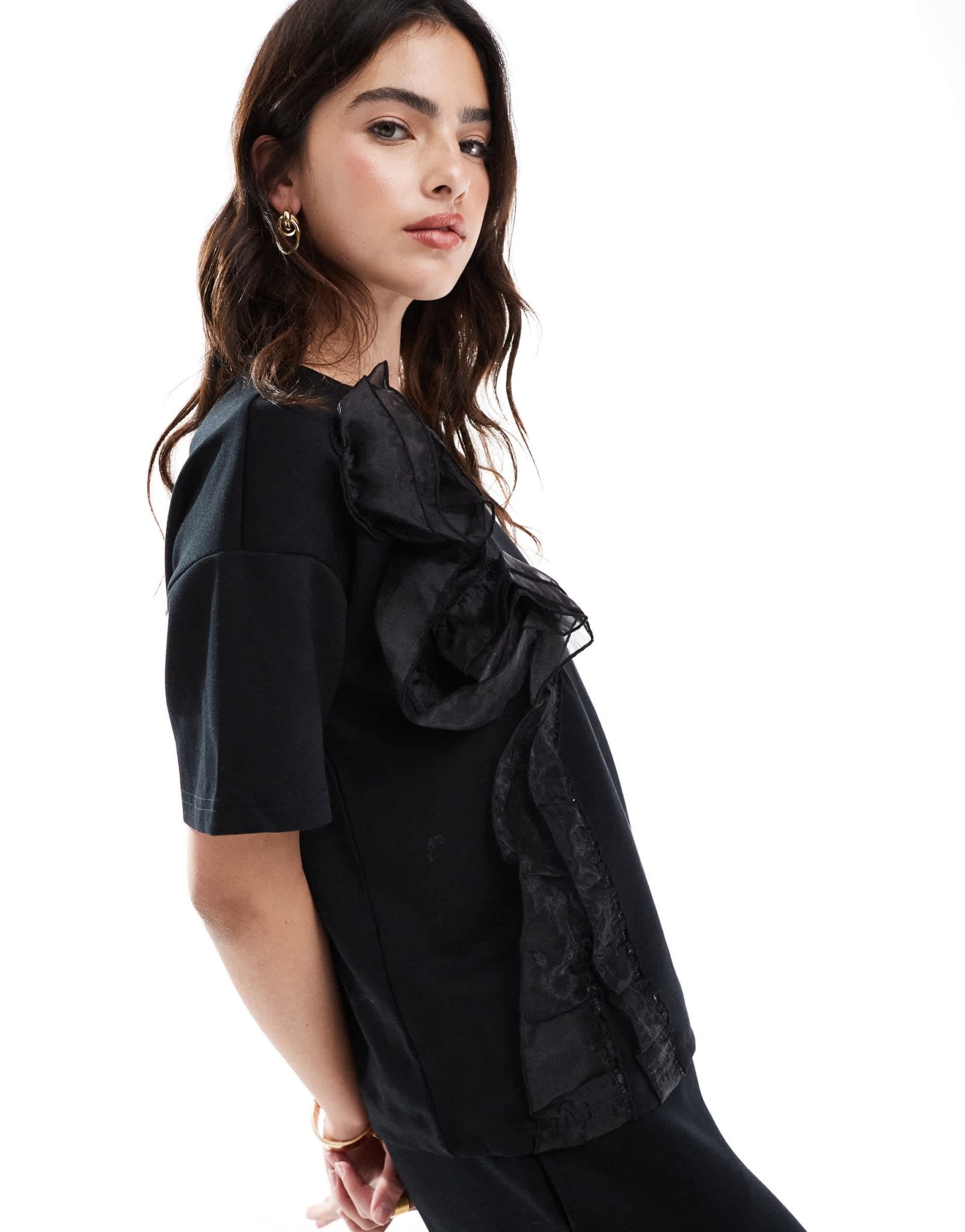 Vero Moda 3D rose applique short sleeve sweat t-shirt co - ord in black - ASOS Sample Sale