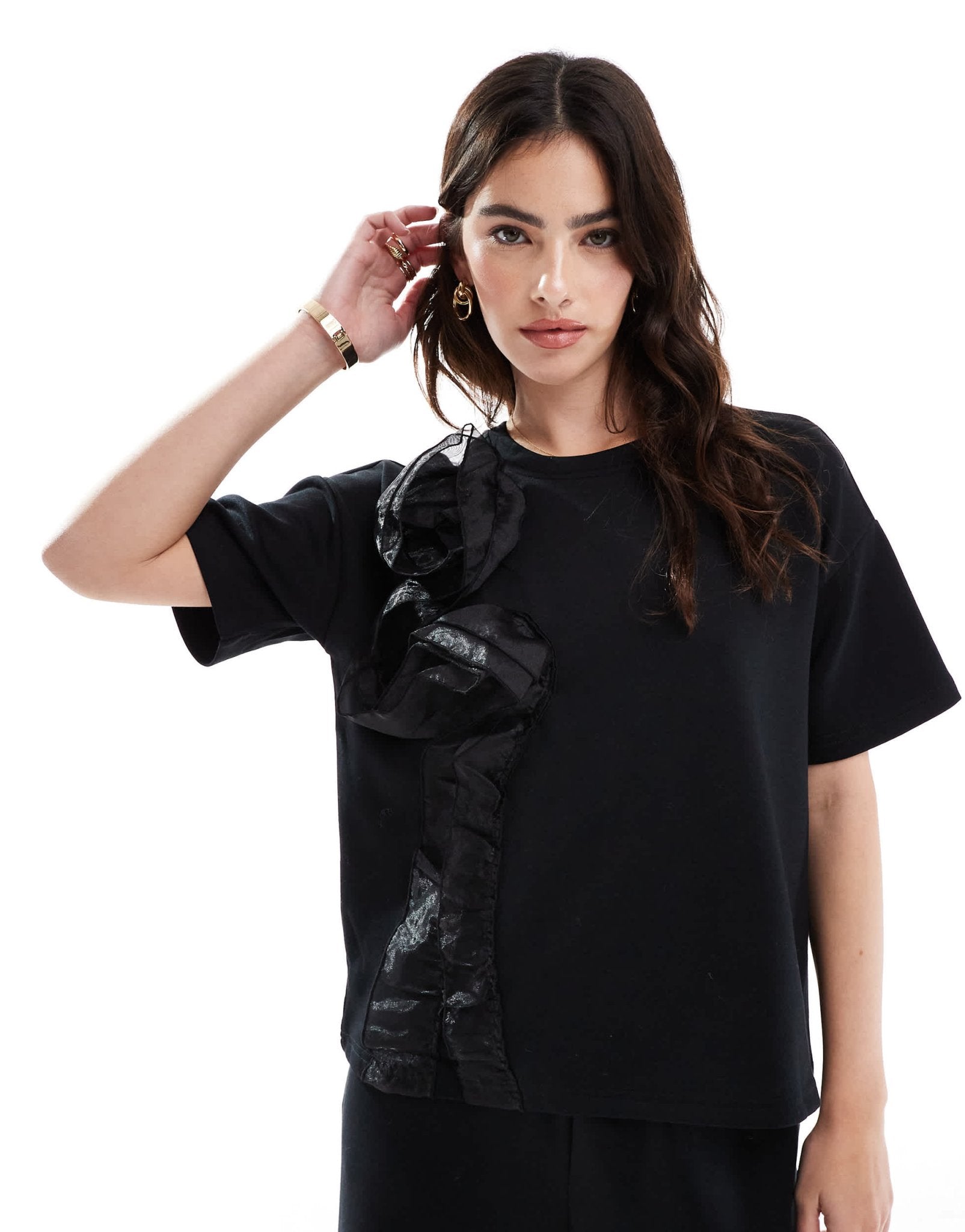 Vero Moda 3D rose applique short sleeve sweat t-shirt co - ord in black - ASOS Sample Sale