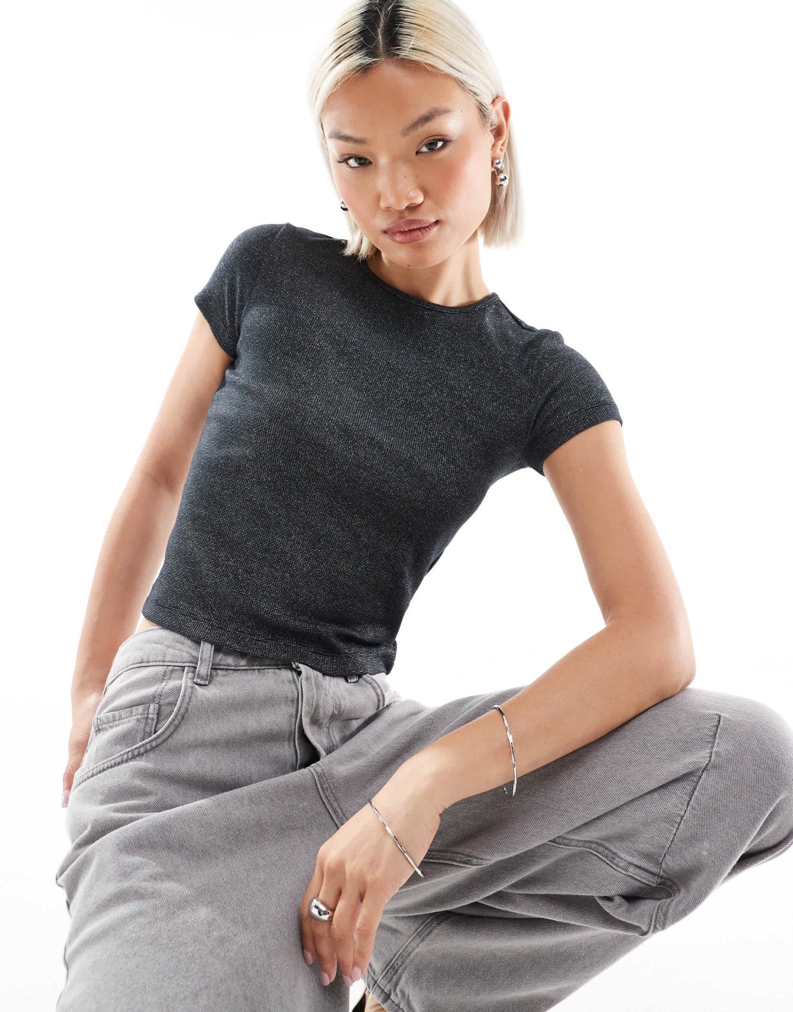 Vero Moda baby t-shirt in black with silver glitter - ASOS Sample Sale