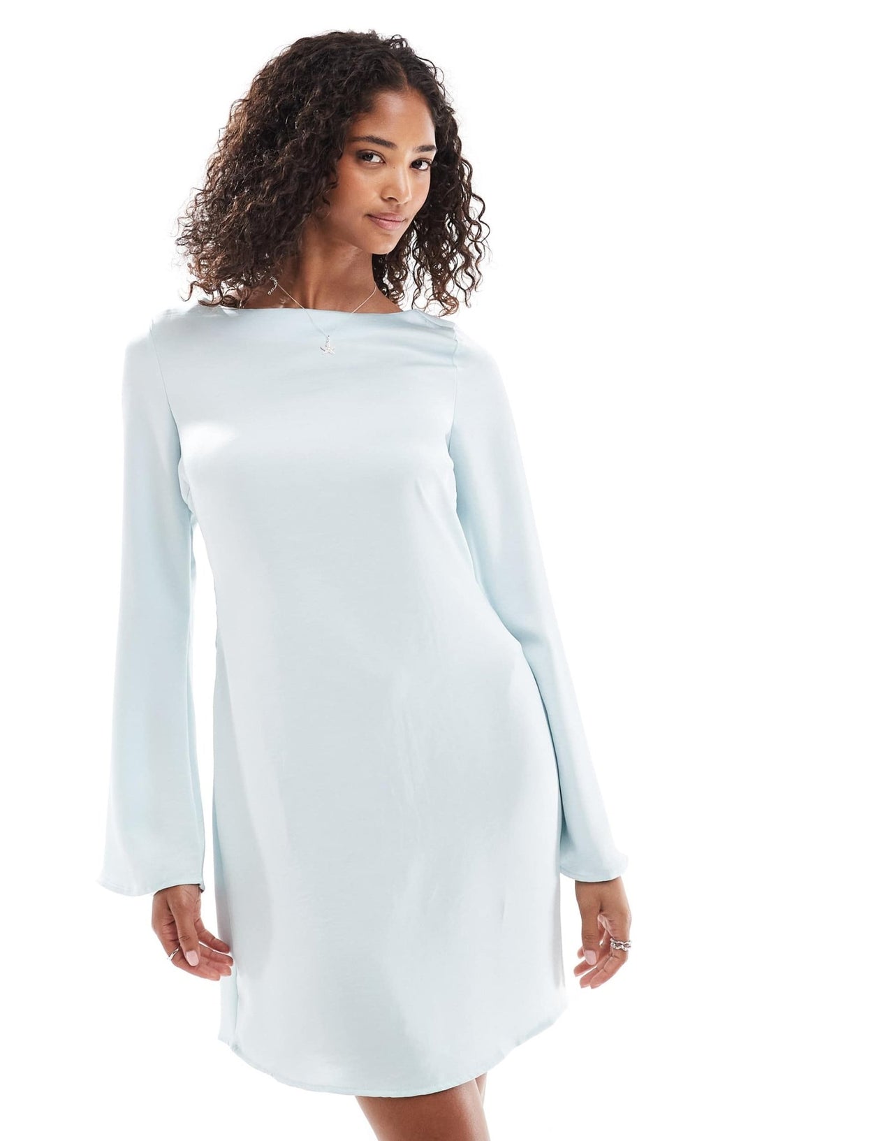 Vero Moda bell sleeve satin mini dress in icy blue - ASOS Sample Sale