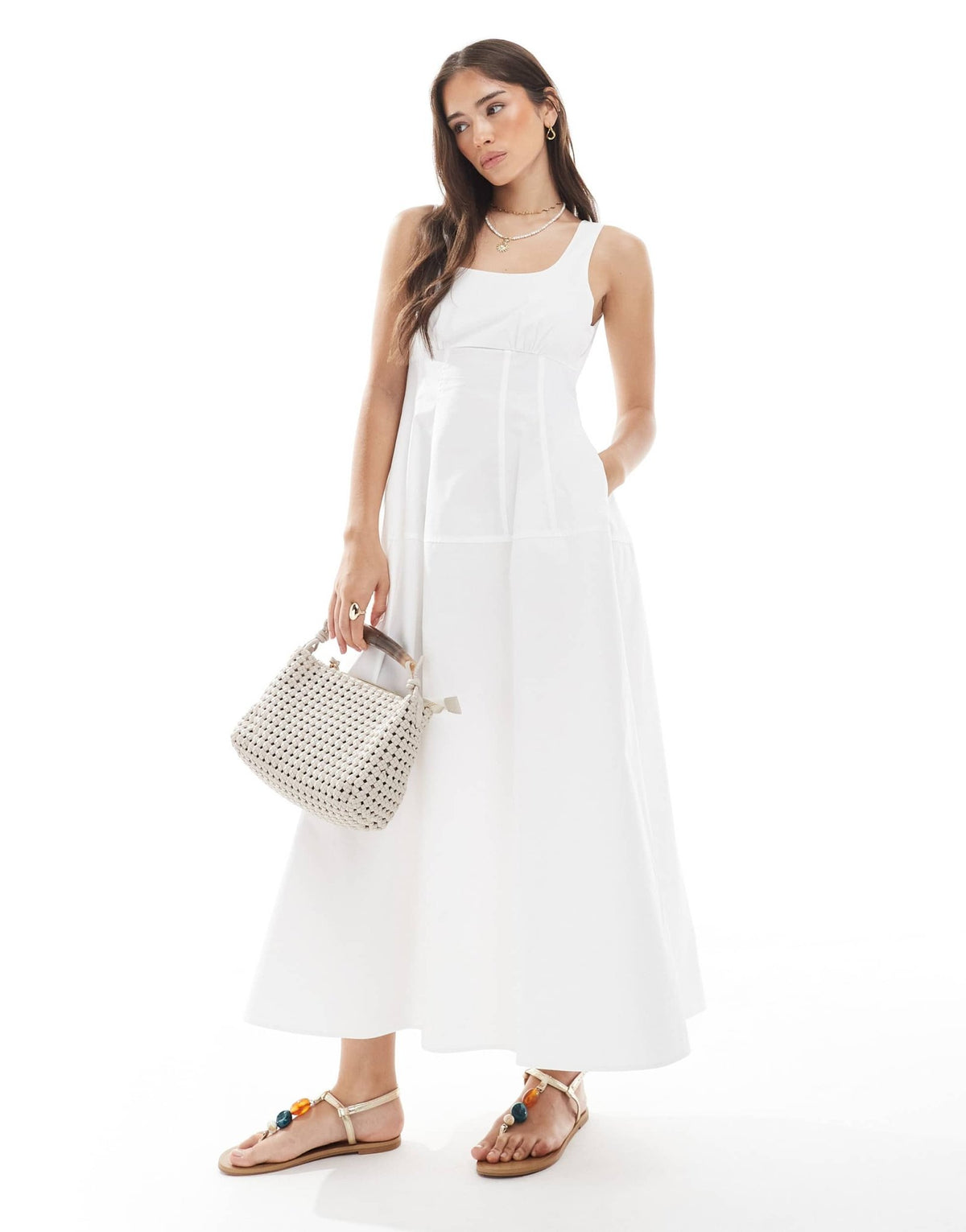 Vero Moda cotton poplin midi dress with cinched in waist detail in white - ASOS Sample Sale