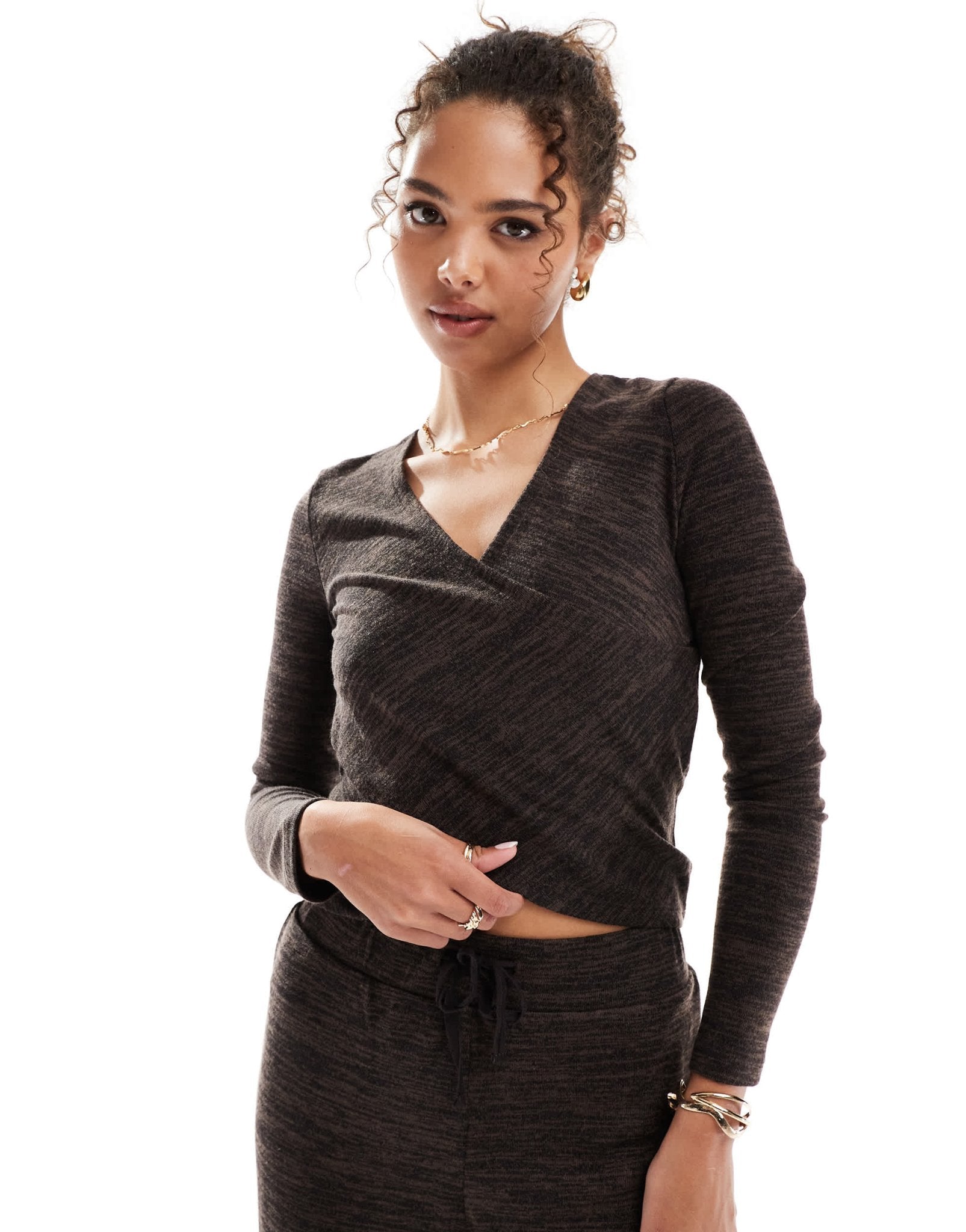 Vero Moda cross front jersey top co - ord in chocolate melange - ASOS Sample Sale