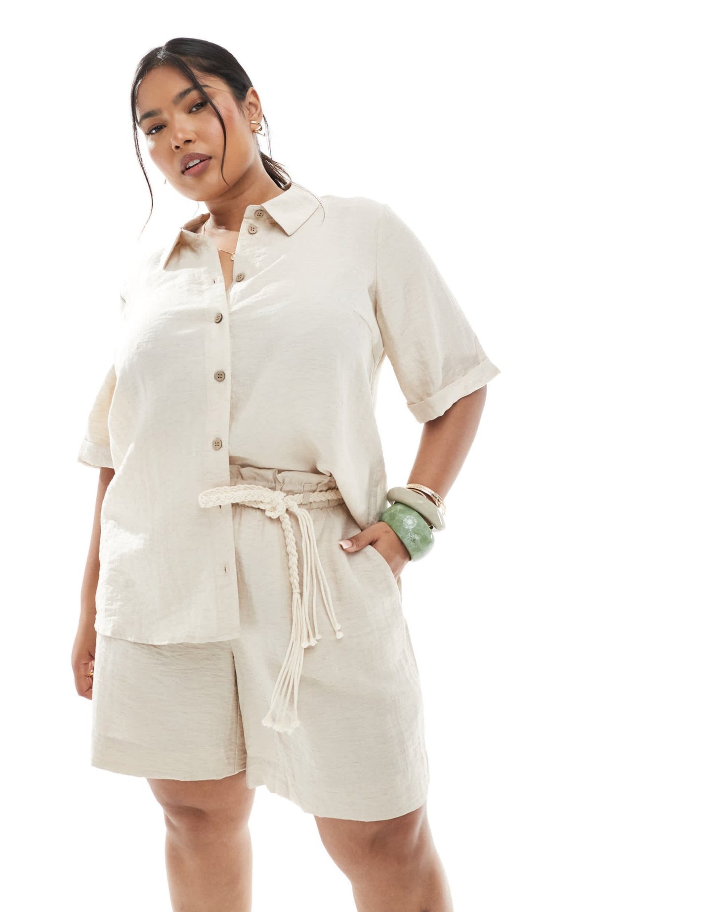 Vero Moda Curve boxy shirt co-ord in oatmeal - ASOS Sample Sale