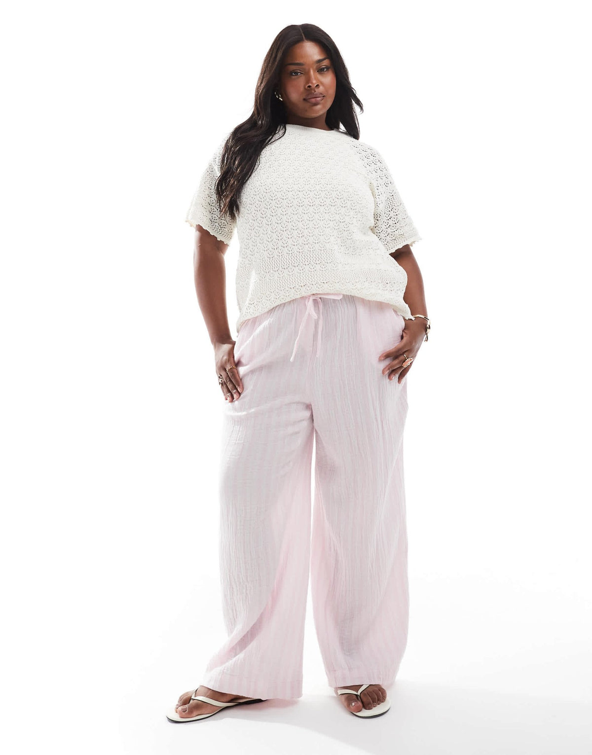 Vero Moda Curve cotton wide leg trousers in pale pink stripe - ASOS Sample Sale