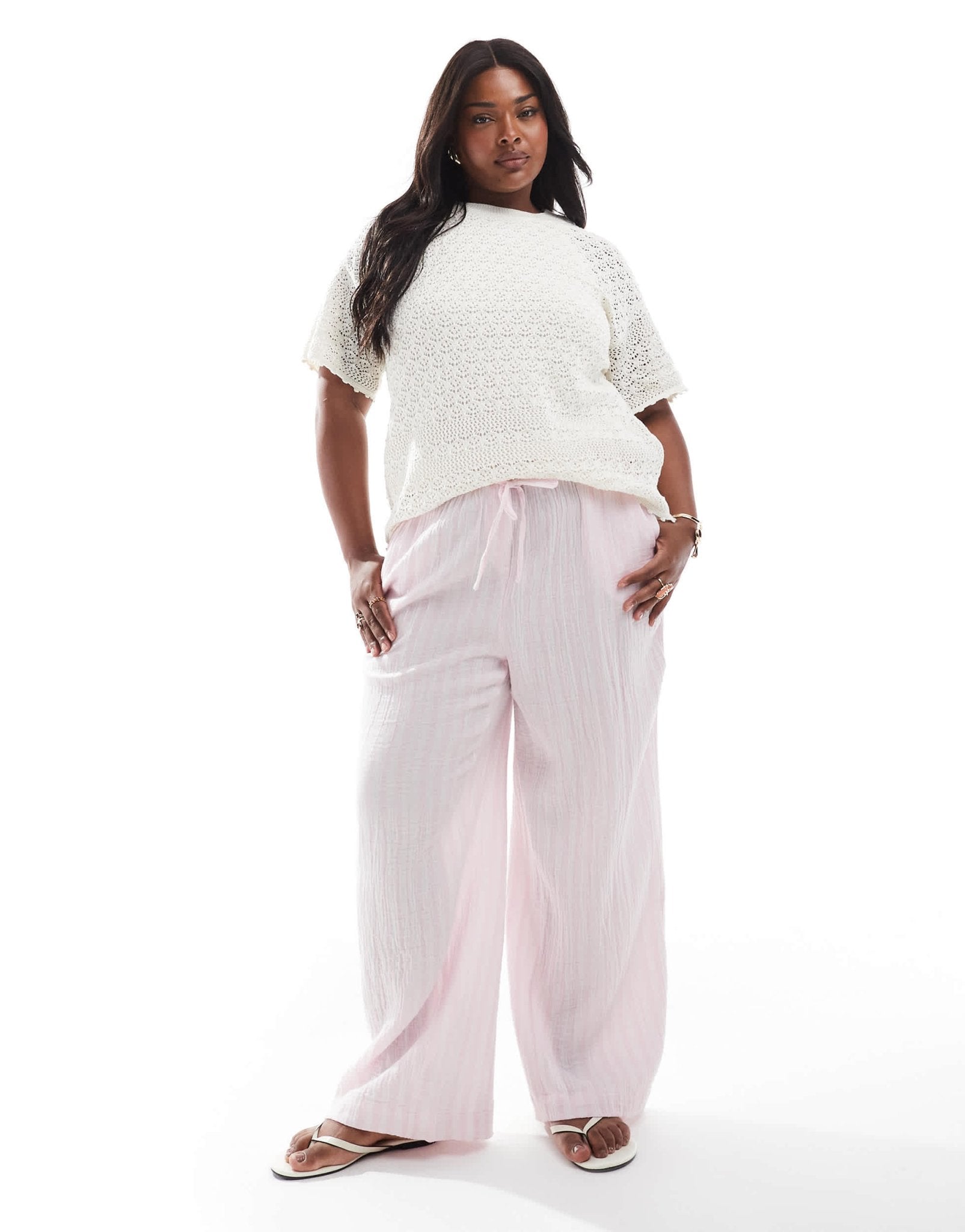Vero Moda Curve cotton wide leg trousers in pale pink stripe - ASOS Sample Sale