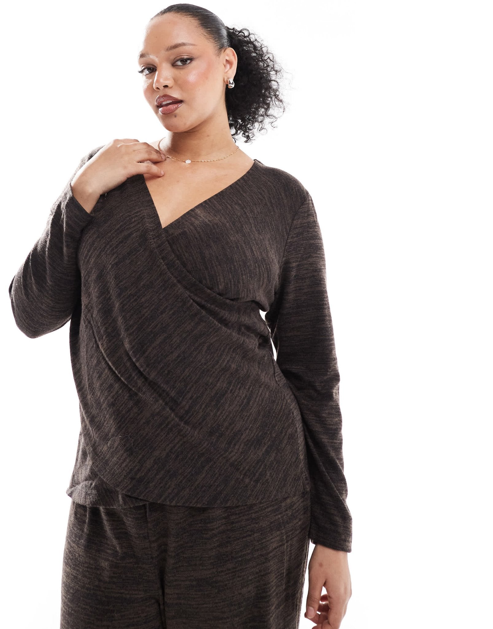 Vero Moda Curve cross front jersey top co - ord in chocolate melange - ASOS Sample Sale