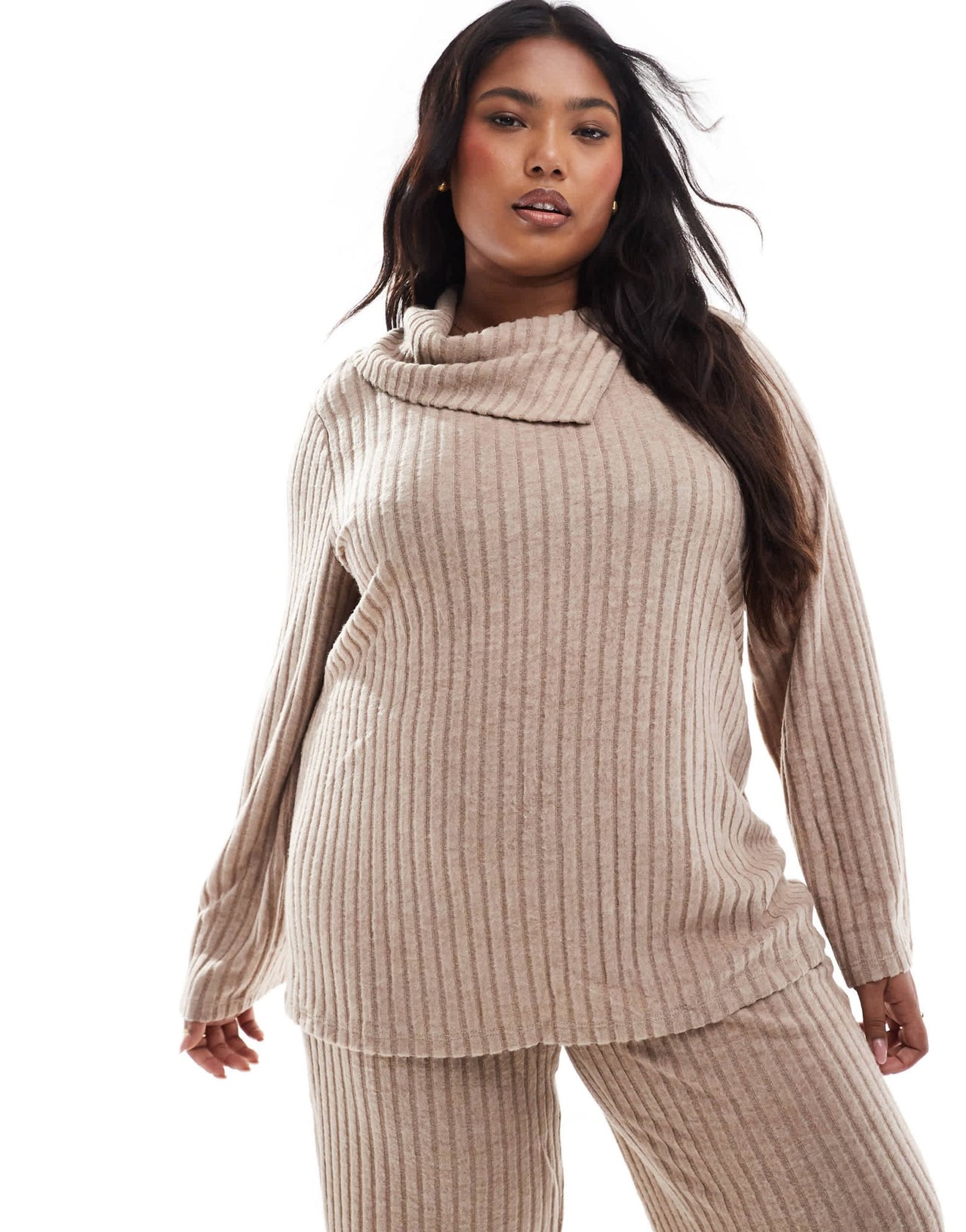 Vero Moda Curve foldover ribbed jersey top co - ord in beige - ASOS Sample Sale