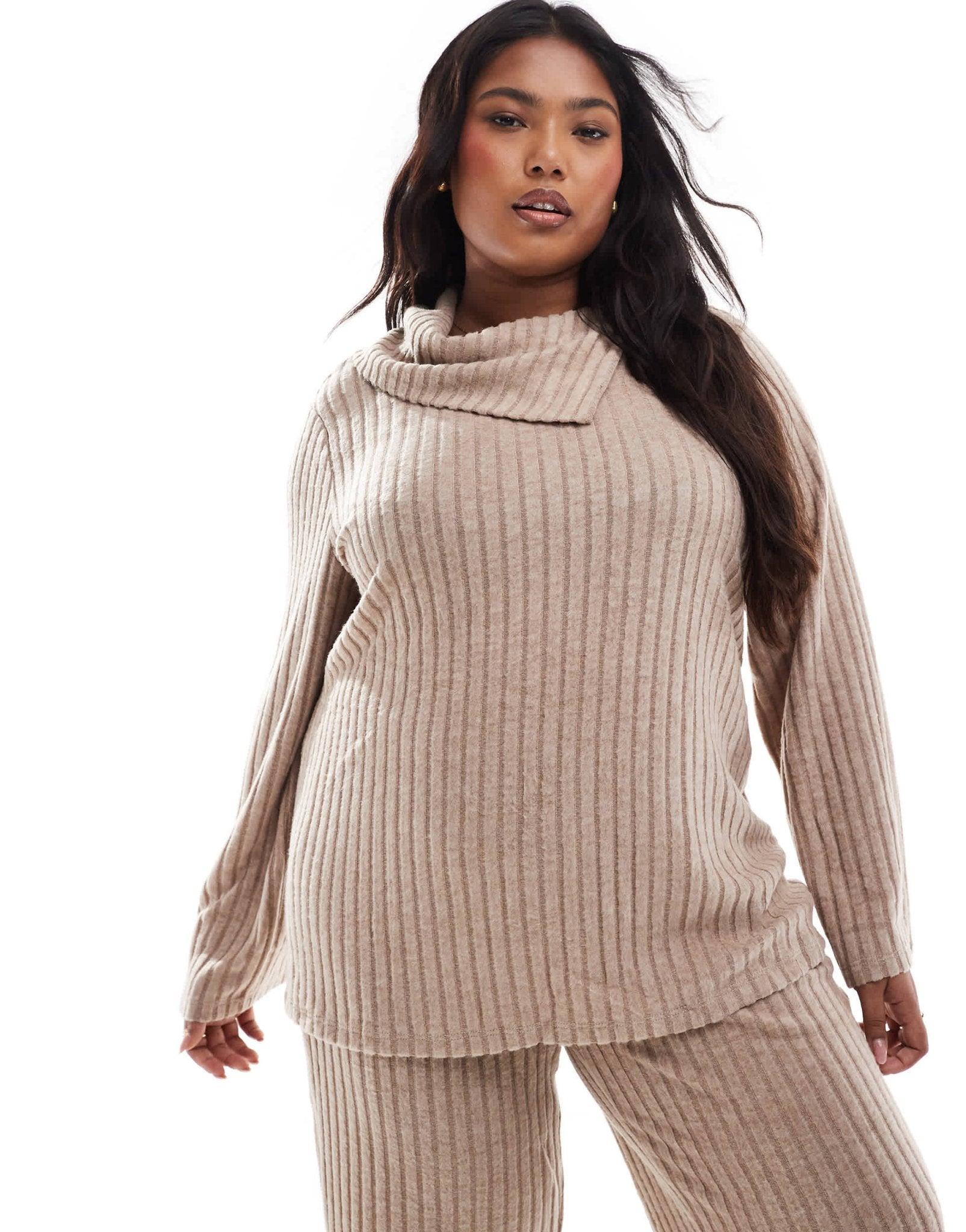 Vero Moda Curve foldover ribbed jersey top co - ord in beige - ASOS Sample Sale