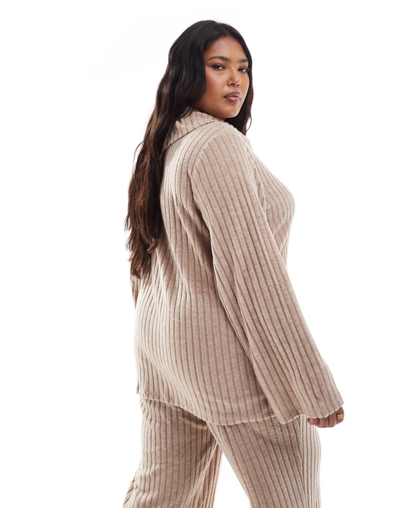 Vero Moda Curve foldover ribbed jersey top co - ord in beige - ASOS Sample Sale