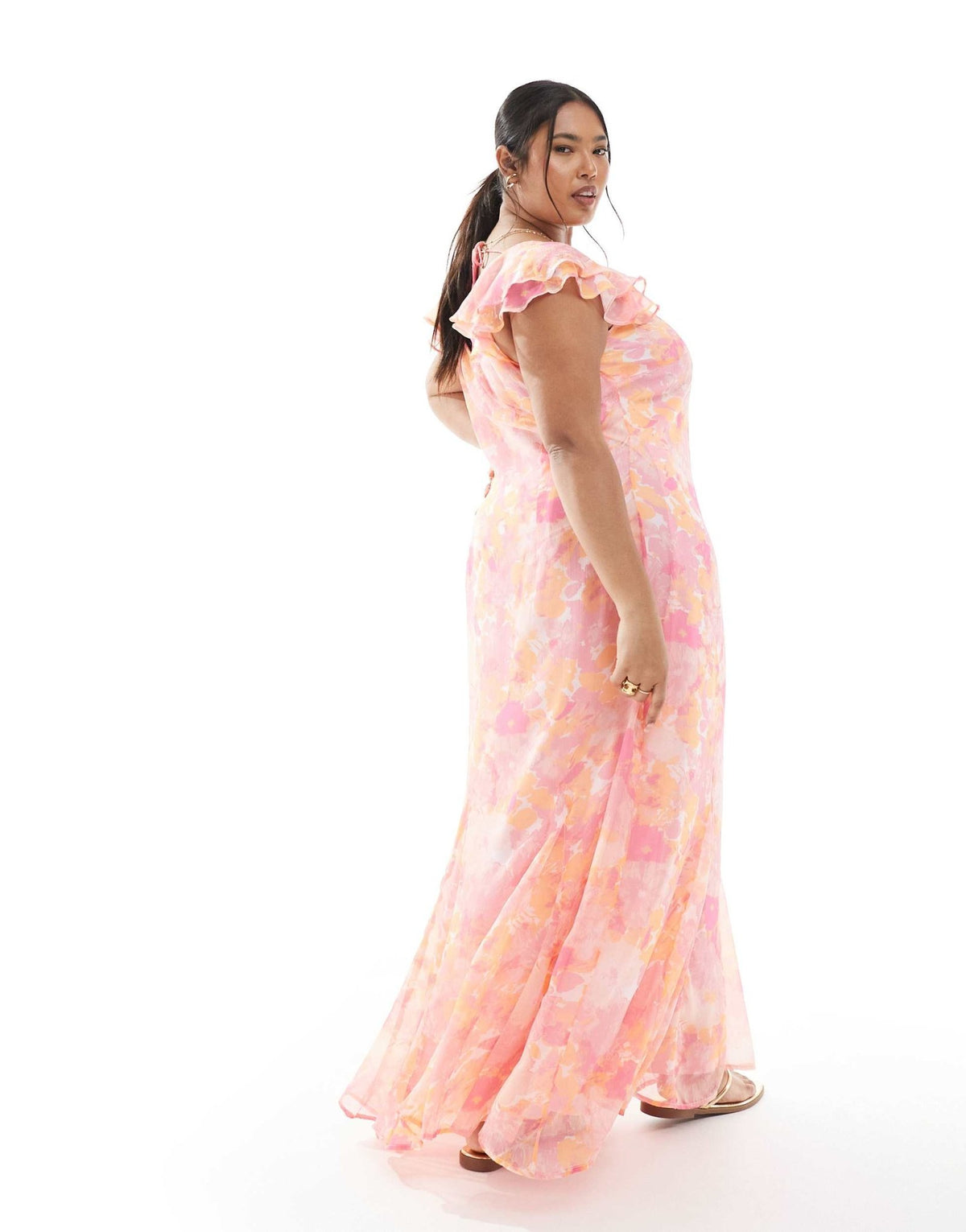 Vero Moda Curve Smilla flutter sleeve ankle dress in pink blurred floral print - ASOS Sample Sale
