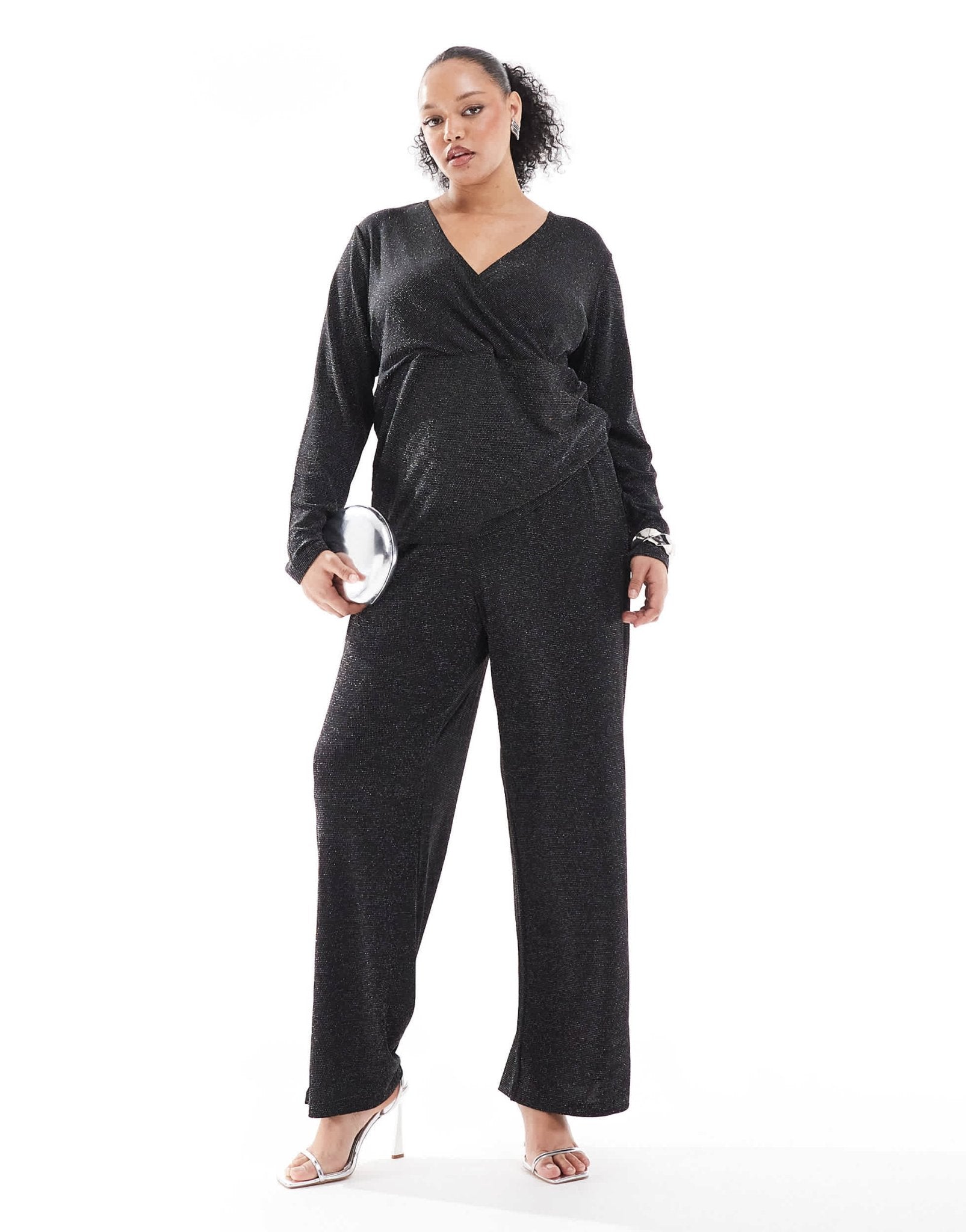 Vero Moda Curve wide leg trouser co - ord in black glitter - ASOS Sample Sale