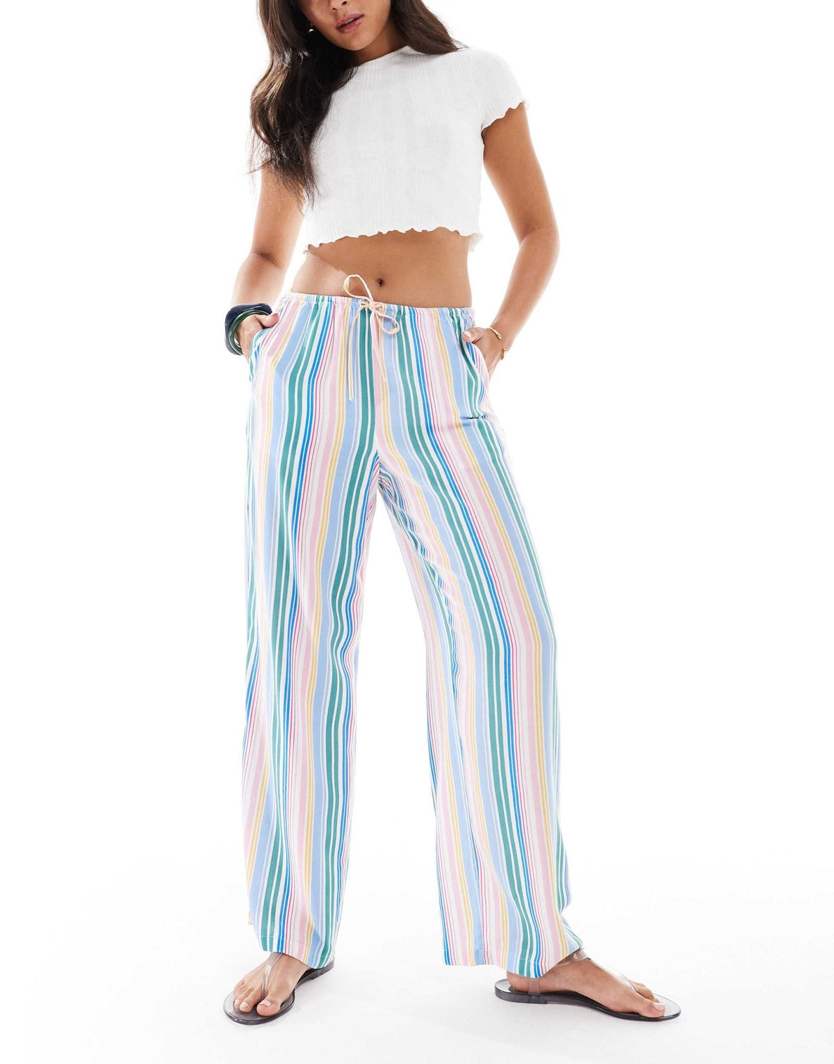 Vero Moda Easy tie waist wide leg trousers in candy stripe - ASOS Sample Sale