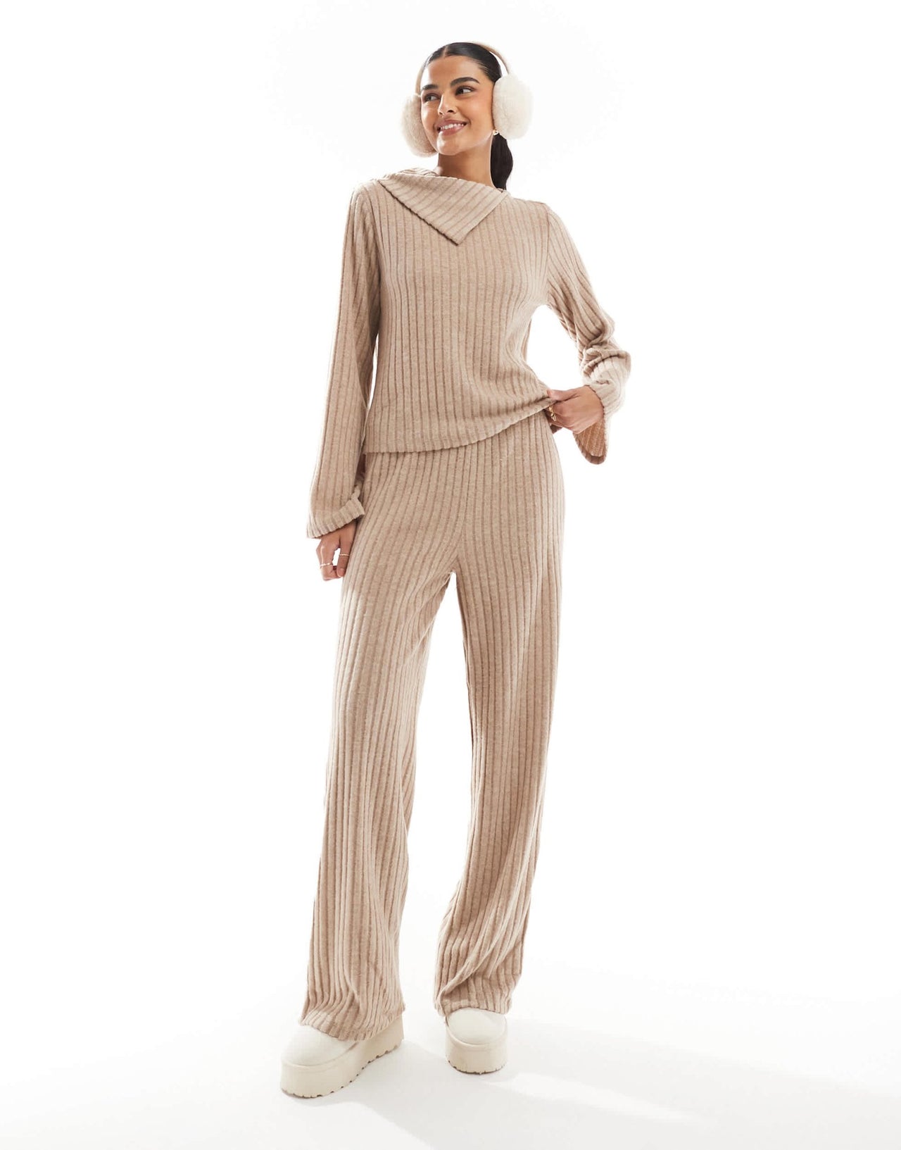 Vero Moda foldover ribbed jersey top co - ord in beige - ASOS Sample Sale