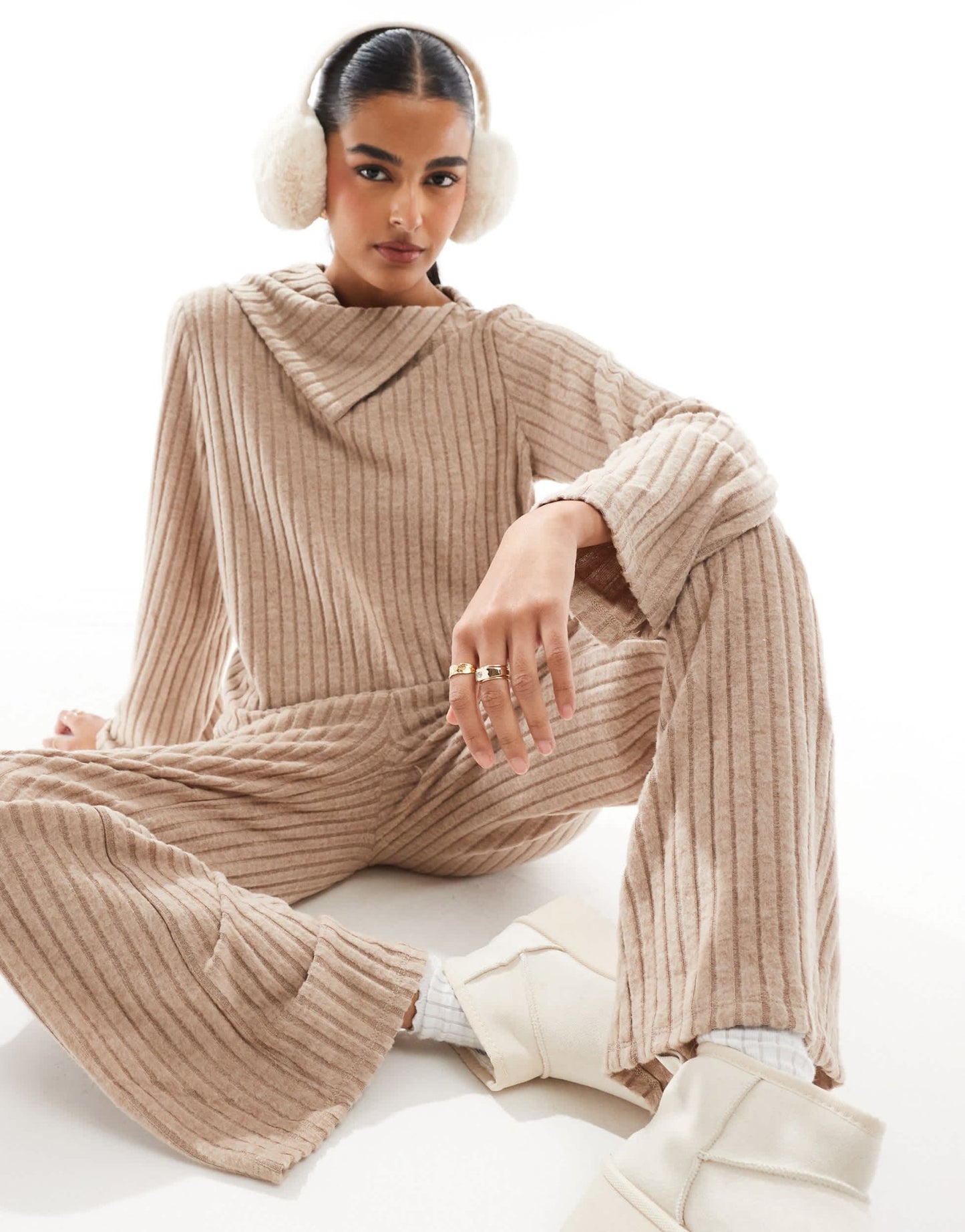 Vero Moda foldover ribbed jersey top co - ord in beige - ASOS Sample Sale