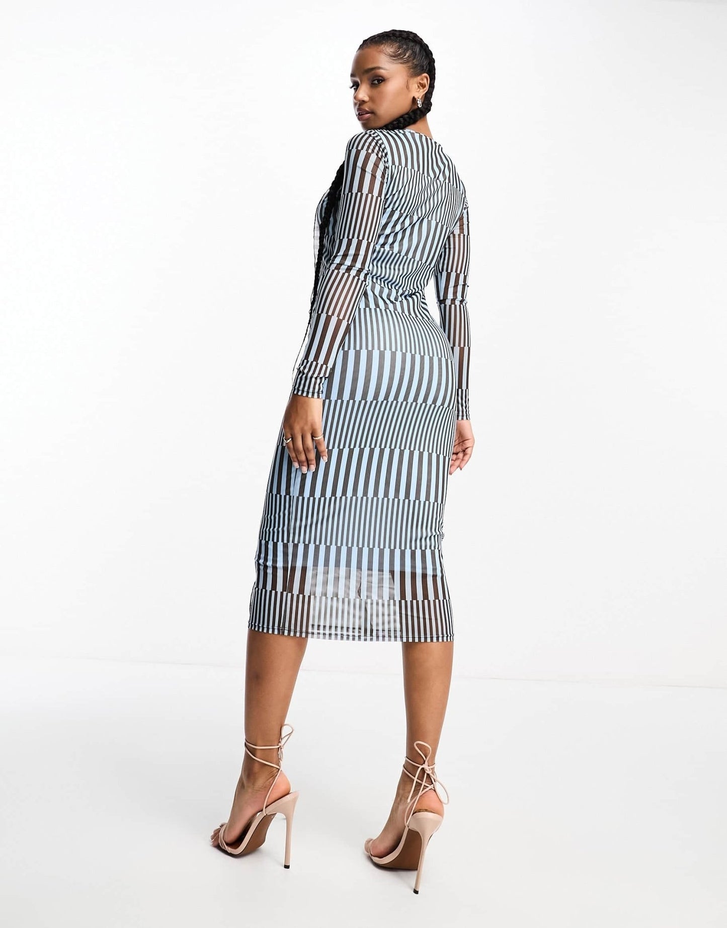 Vero Moda geo printed mesh midi dress with seam detail in blue and brown - ASOS Sample Sale