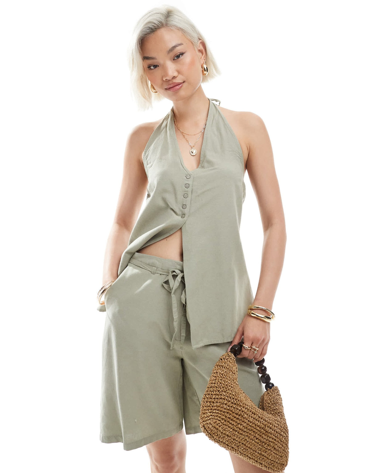 Vero Moda halter neck waistcoat co-ord in sea grass green - ASOS Sample Sale