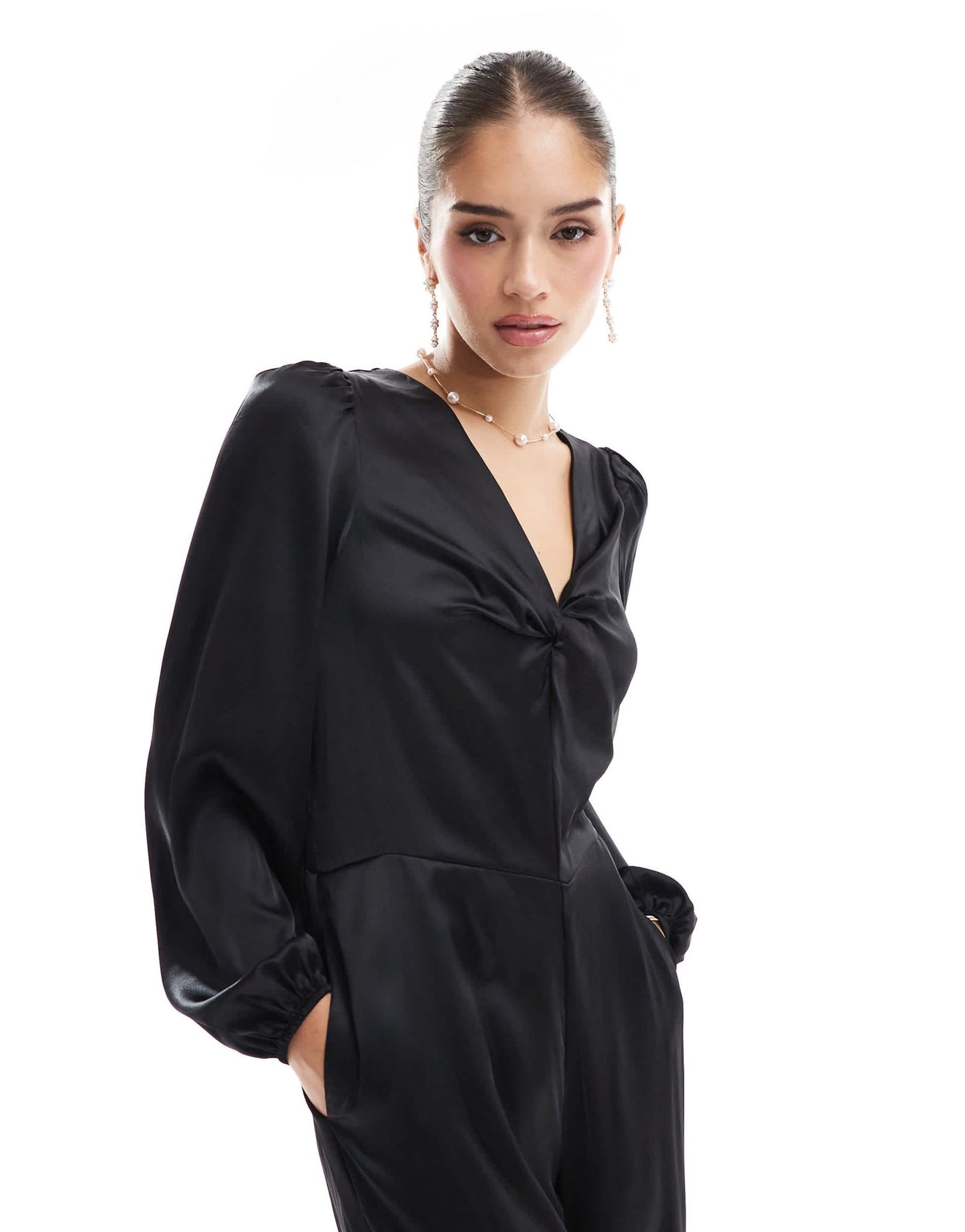 Vero Moda knot front jumpsuit in black satin - ASOS Sample Sale