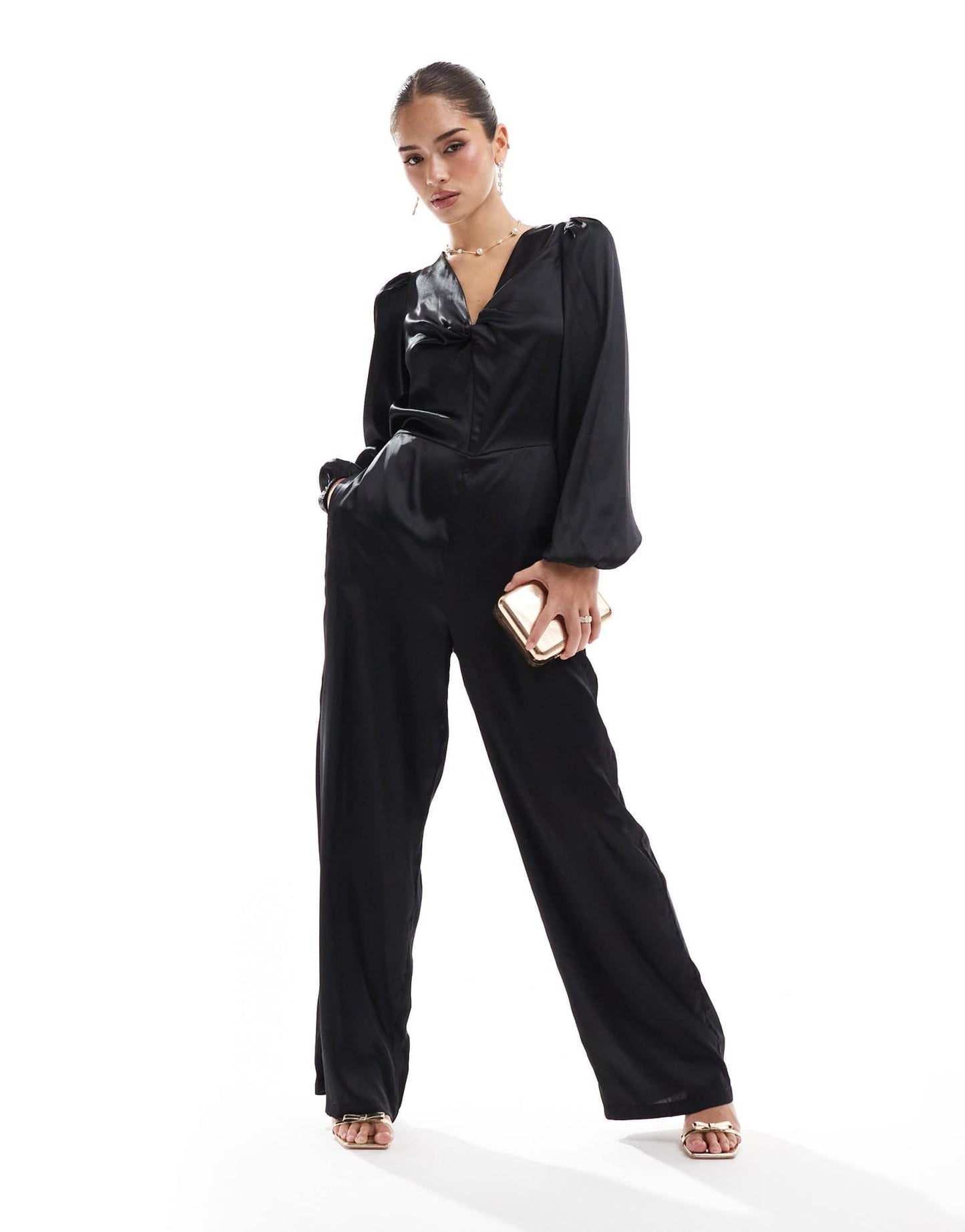 Vero Moda knot front jumpsuit in black satin - ASOS Sample Sale
