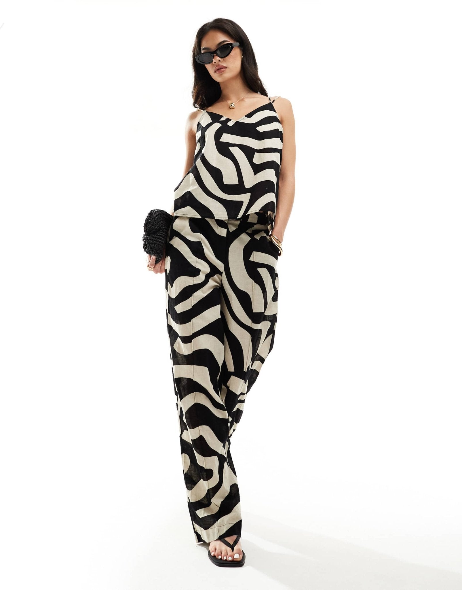 Vero Moda linen touch double strap cami top co - ord in abstract mono print - ASOS Sample Sale