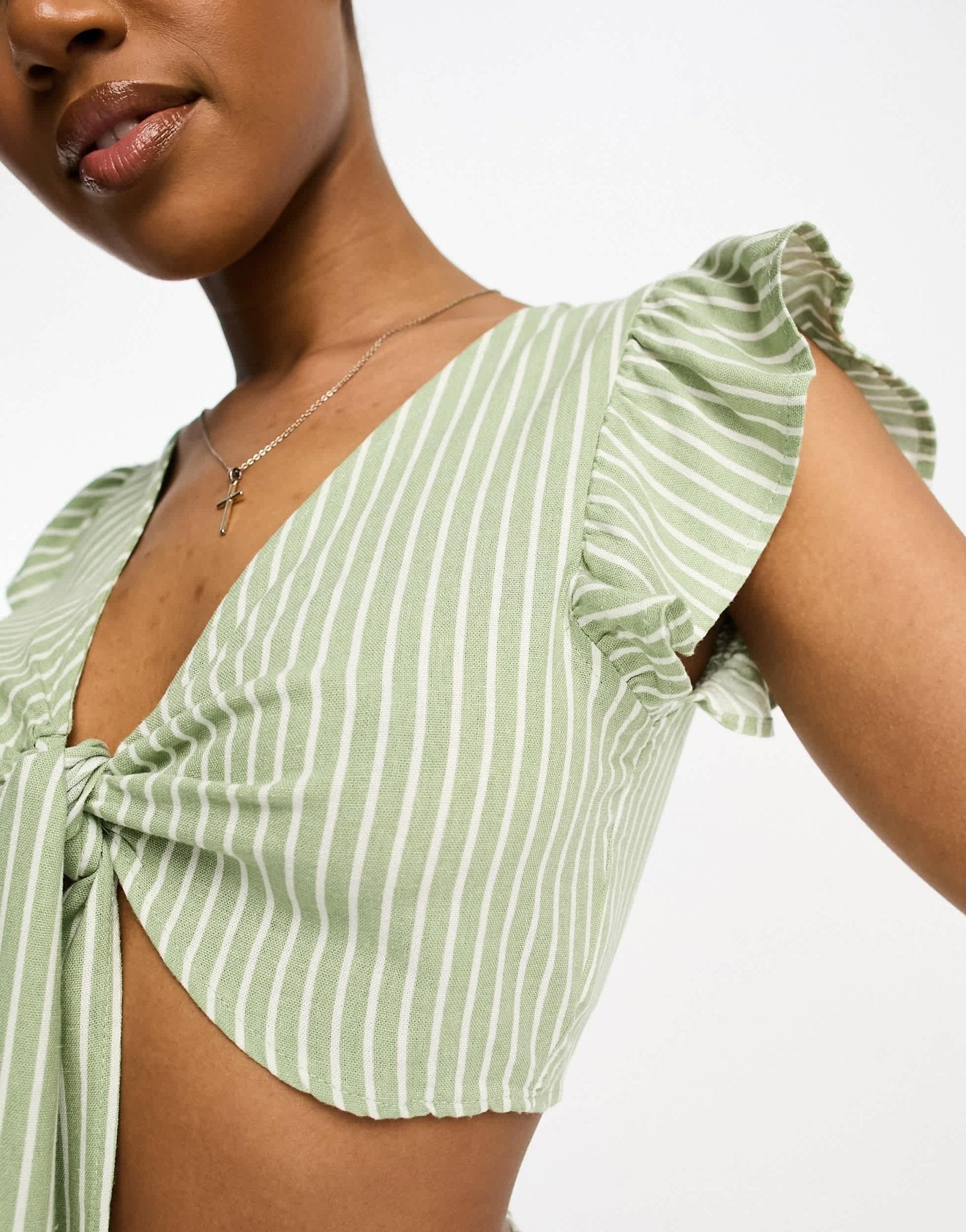 Vero Moda linen touch knot front crop top co - ord in green stripe - ASOS Sample Sale