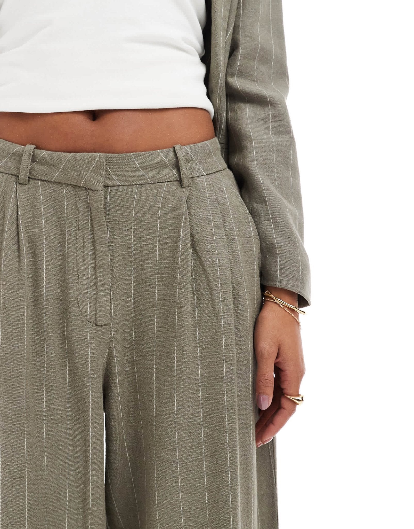 Vero Moda linen touch pleat front trouser co-ord in khaki stripe - ASOS Sample Sale