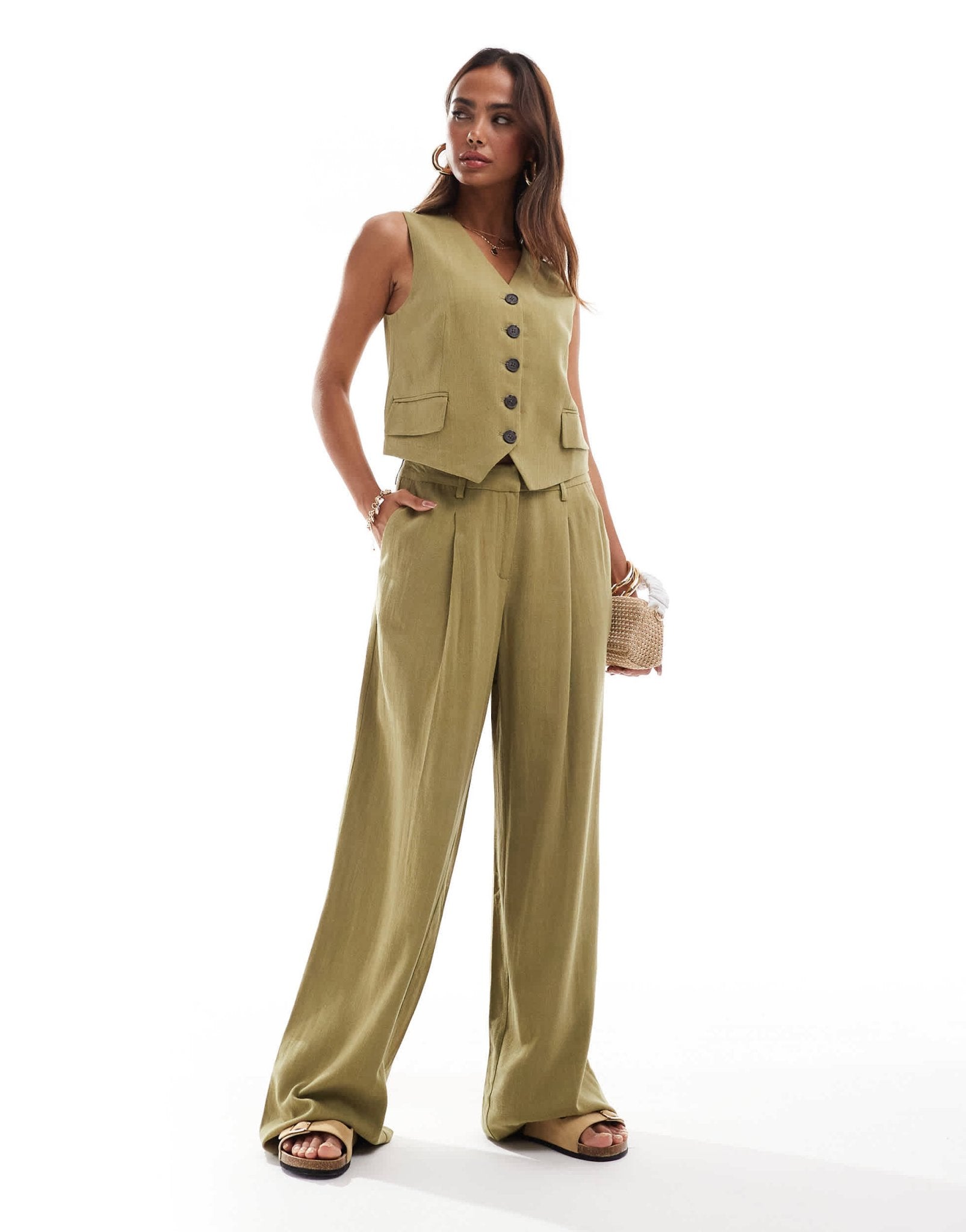 Vero Moda linen touch pleat front trouser co - ord in olive - ASOS Sample Sale