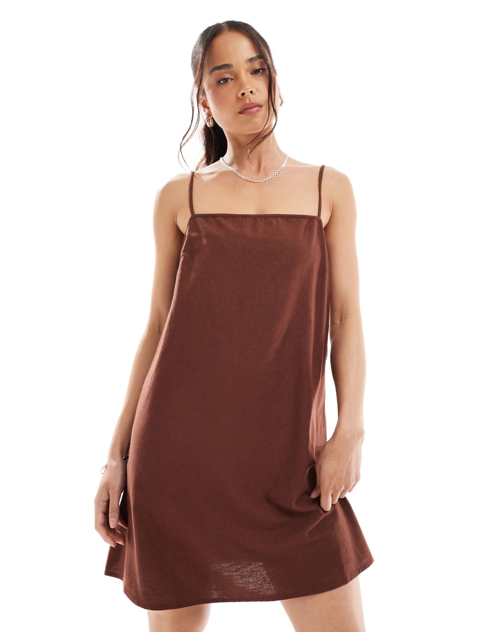 Vero Moda linen touch throw on mini dress in chocolate - ASOS Sample Sale