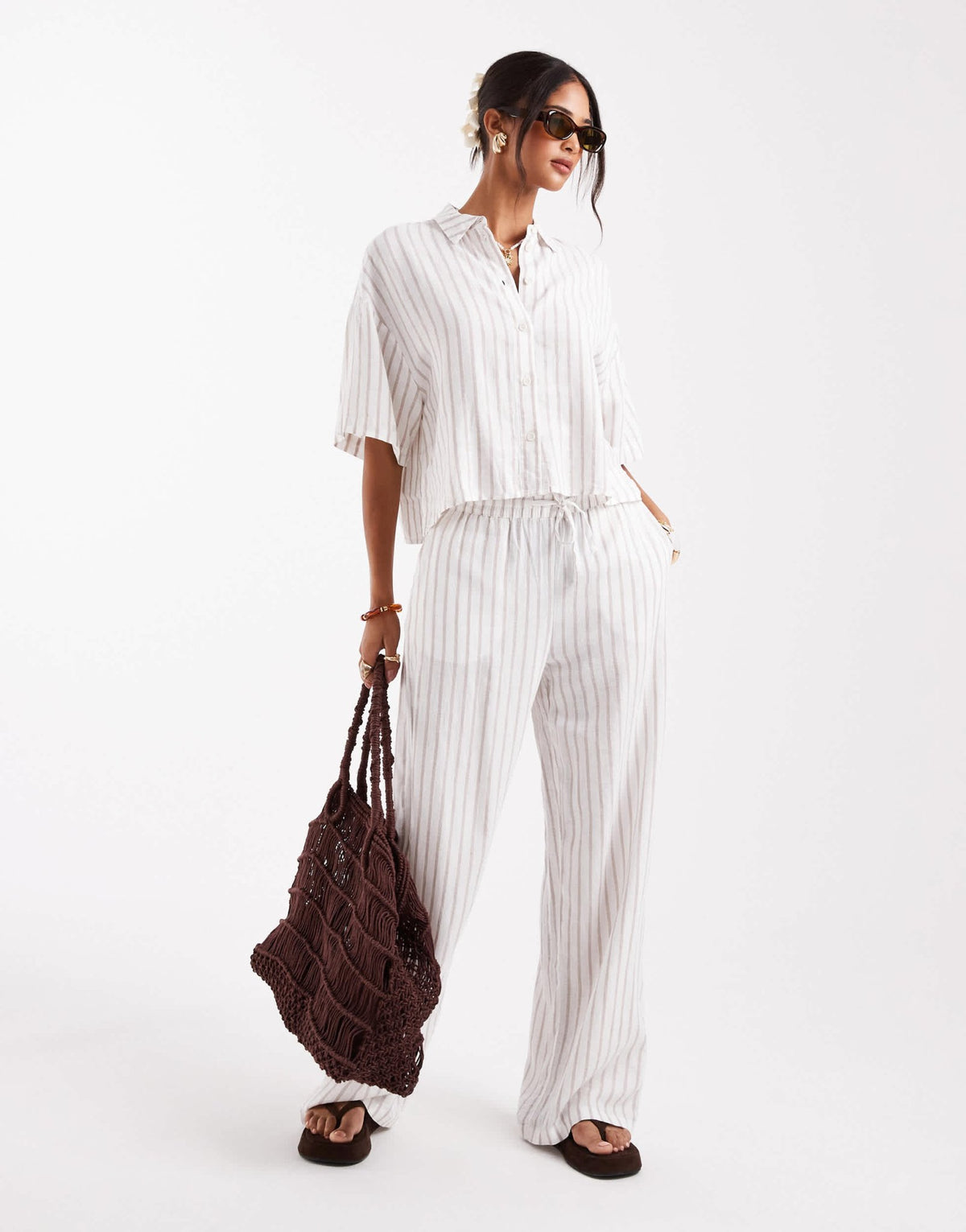 Vero Moda linen touch tie waist trouser co-ord in moon rock stripe - ASOS Sample Sale
