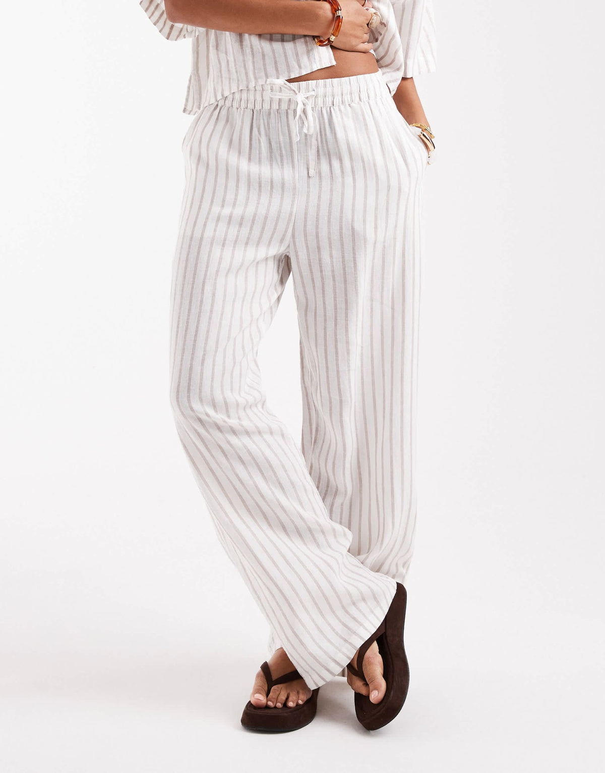 Vero Moda linen touch tie waist trouser co-ord in moon rock stripe - ASOS Sample Sale