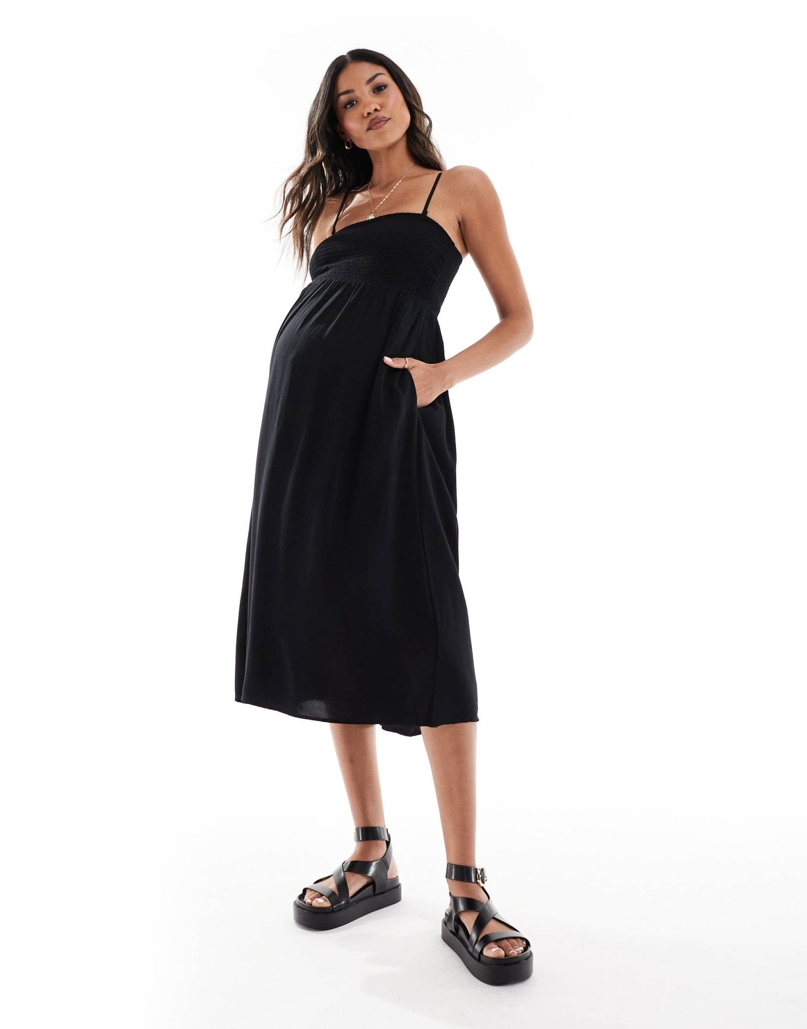 Vero Moda Maternity Easy shirred cami ankle dress in black - ASOS Sample Sale