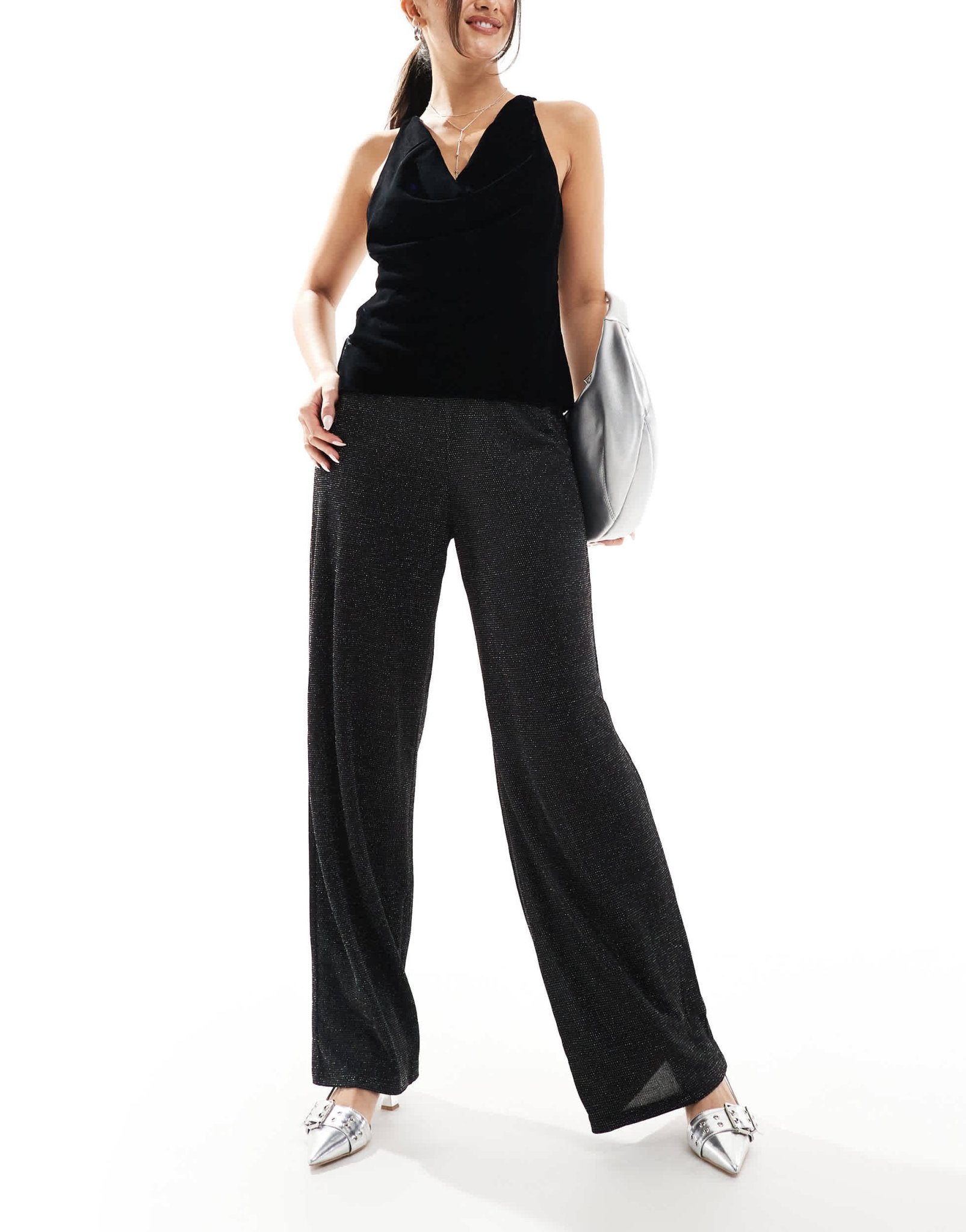 Vero Moda mix & match wide leg trouser in black glitter - ASOS Sample Sale