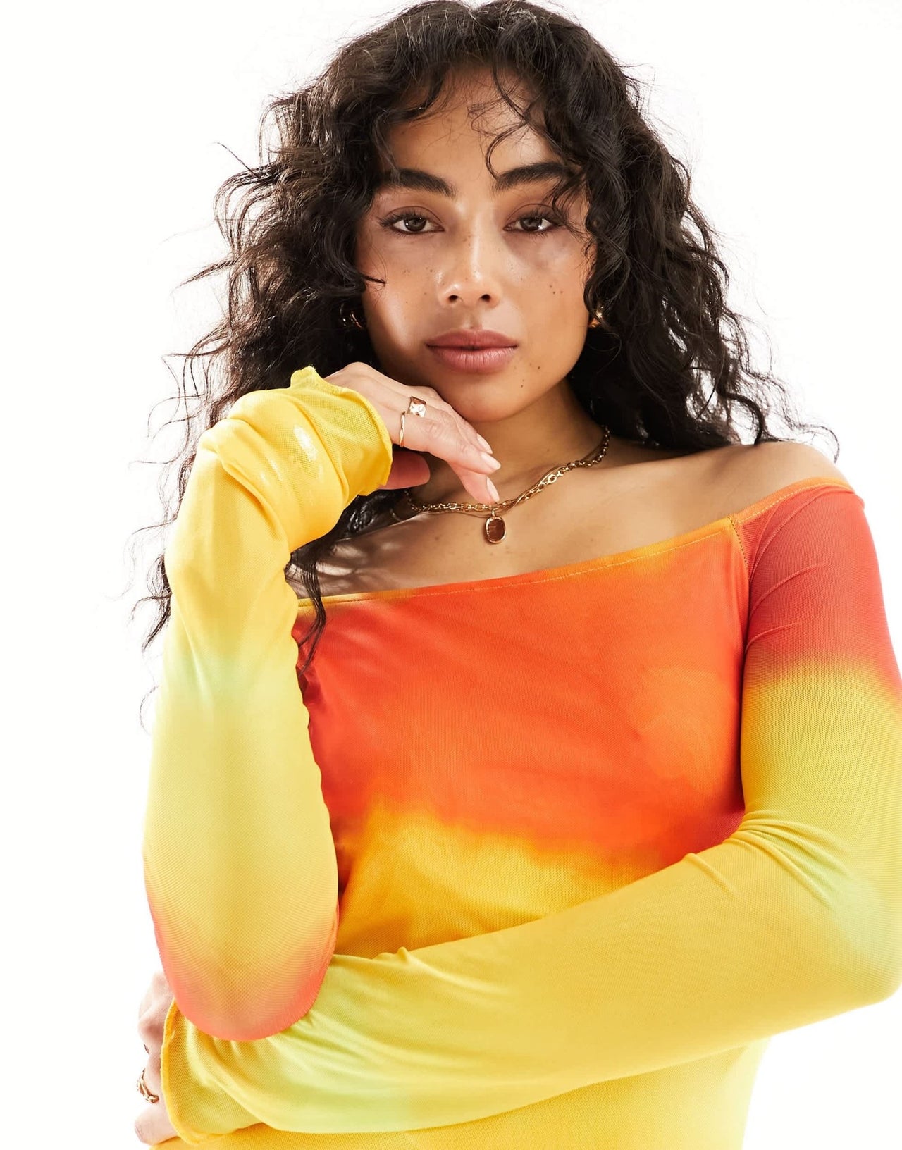 Vero Moda off shoulder mesh dress in sunset ombre stripe - ASOS Sample Sale