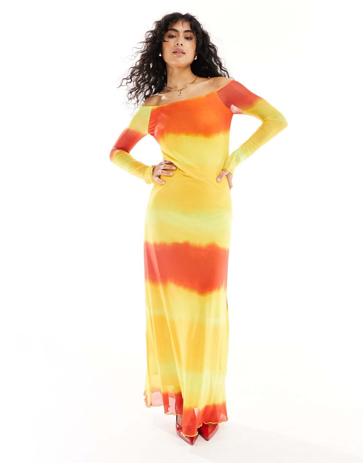 Vero Moda off shoulder mesh dress in sunset ombre stripe - ASOS Sample Sale