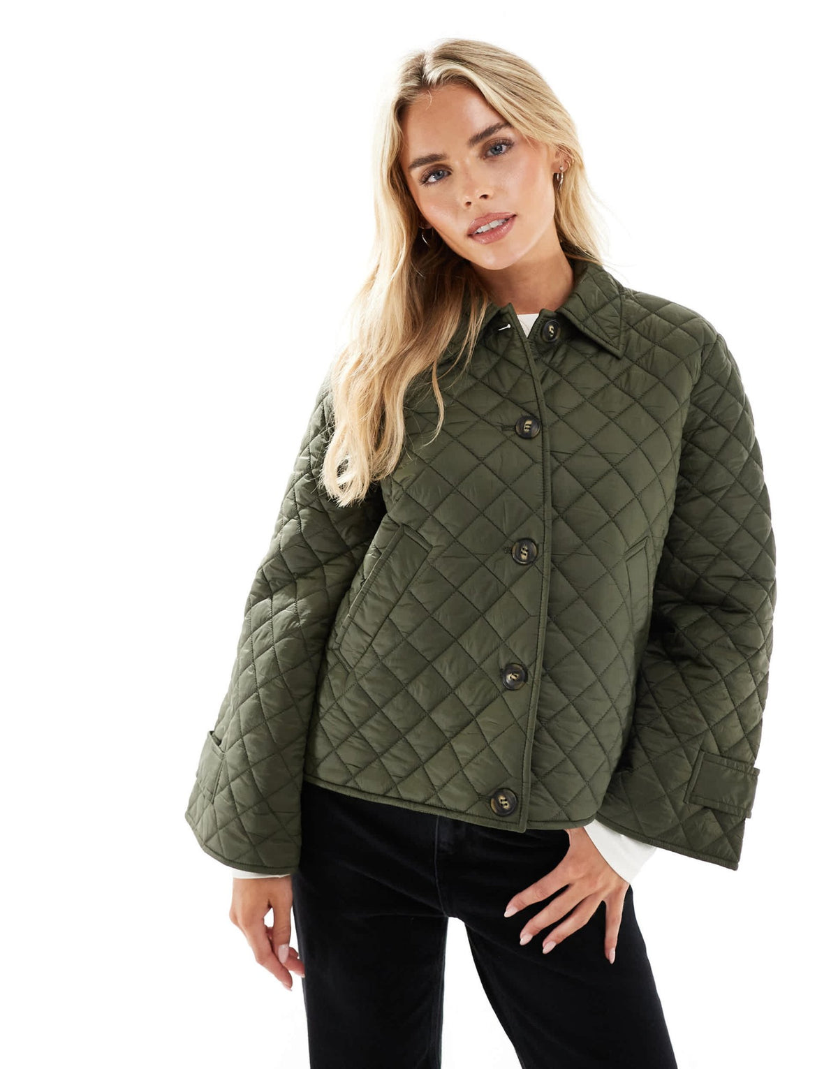 Vero Moda Petite button down quilted jacket in deep khaki - ASOS Sample Sale