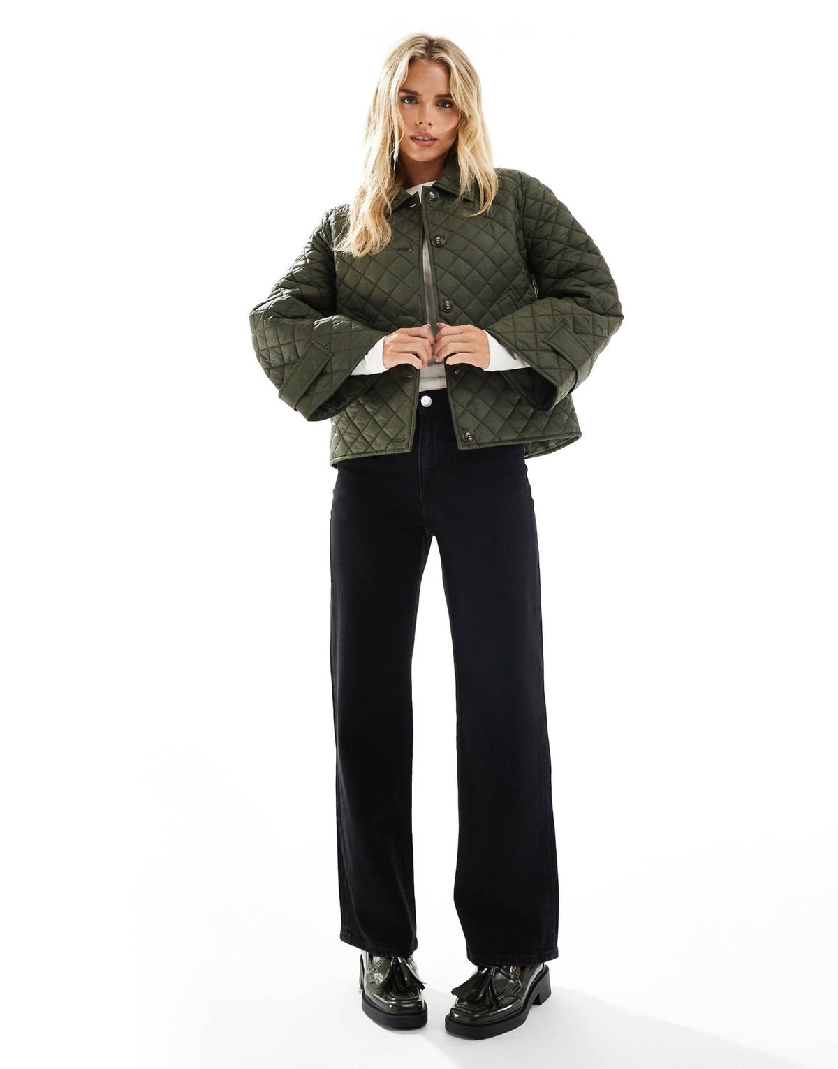 Vero Moda Petite button down quilted jacket in deep khaki - ASOS Sample Sale