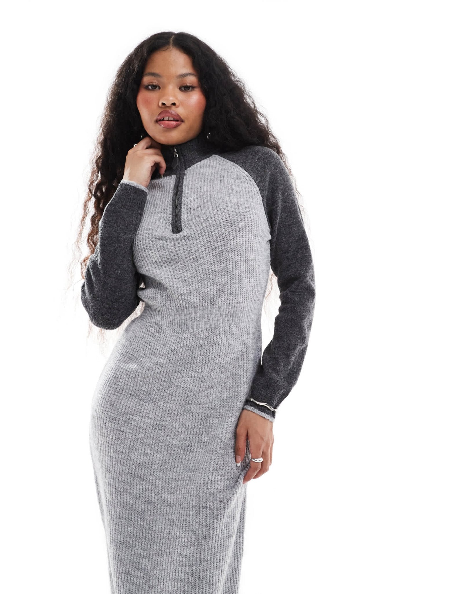 Vero Moda Petite colourblock polo zip front knitted dress in grey - ASOS Sample Sale