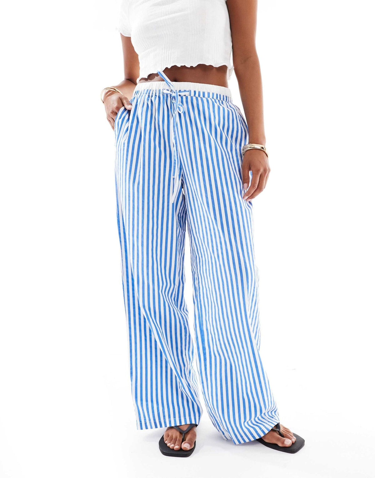Vero Moda Petite double waistband detail wide leg trouser in blue stripe - ASOS Sample Sale