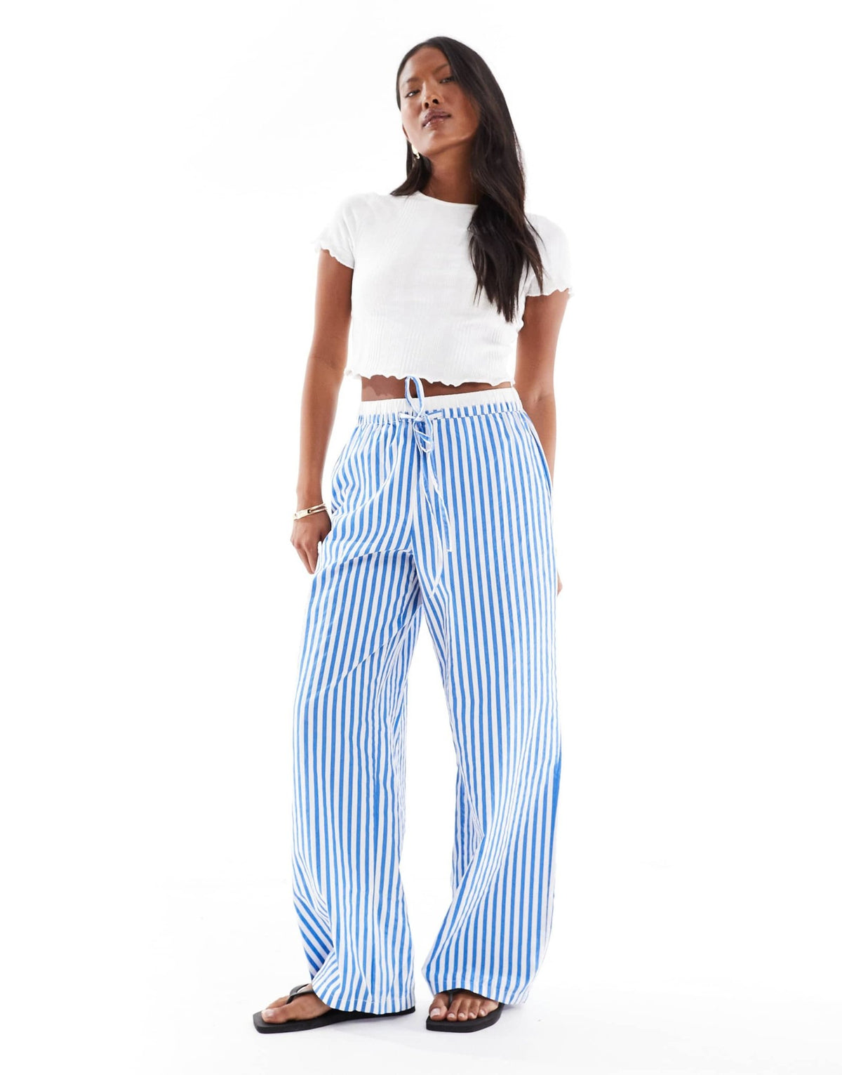 Vero Moda Petite double waistband detail wide leg trouser in blue stripe - ASOS Sample Sale