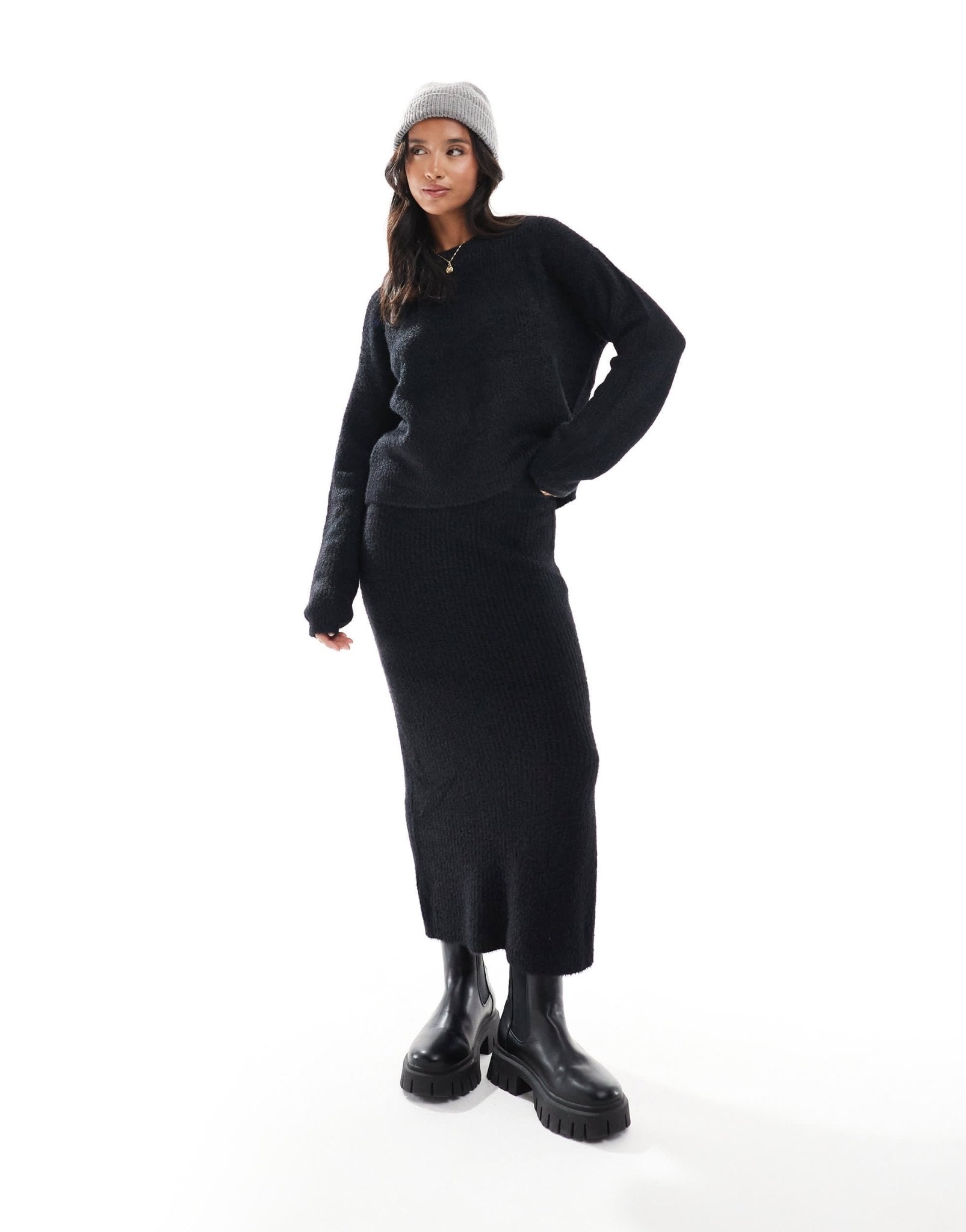 Vero Moda Petite fluffy midi skirt co - ord in black - ASOS Sample Sale
