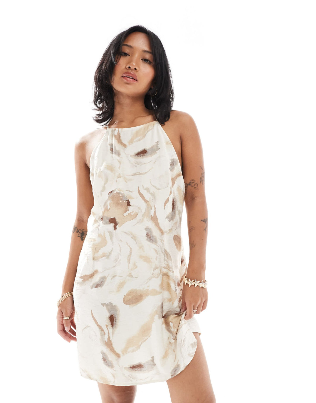 Vero Moda Petite high neck cami strap mini dress in neutral marble print - ASOS Sample Sale