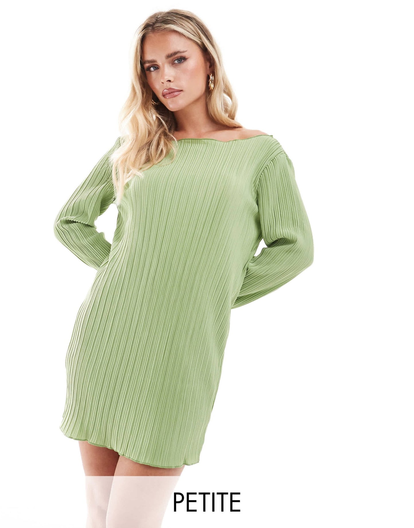 Vero Moda Petite plisse mini dress with fluted sleeve in mid green - ASOS Sample Sale