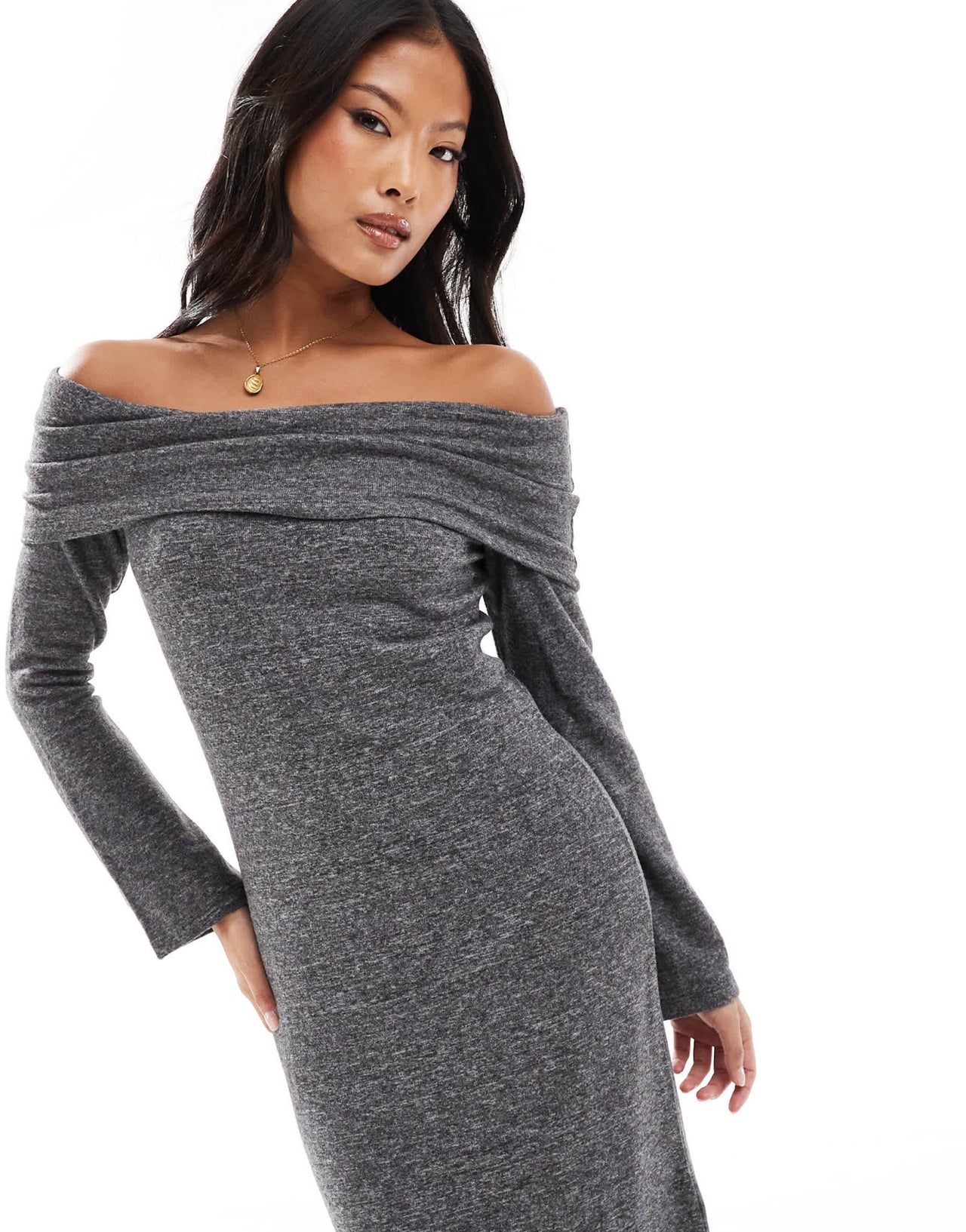 Vero Moda Petite supersoft off shoulder ankle dress in dark grey melange - ASOS Sample Sale