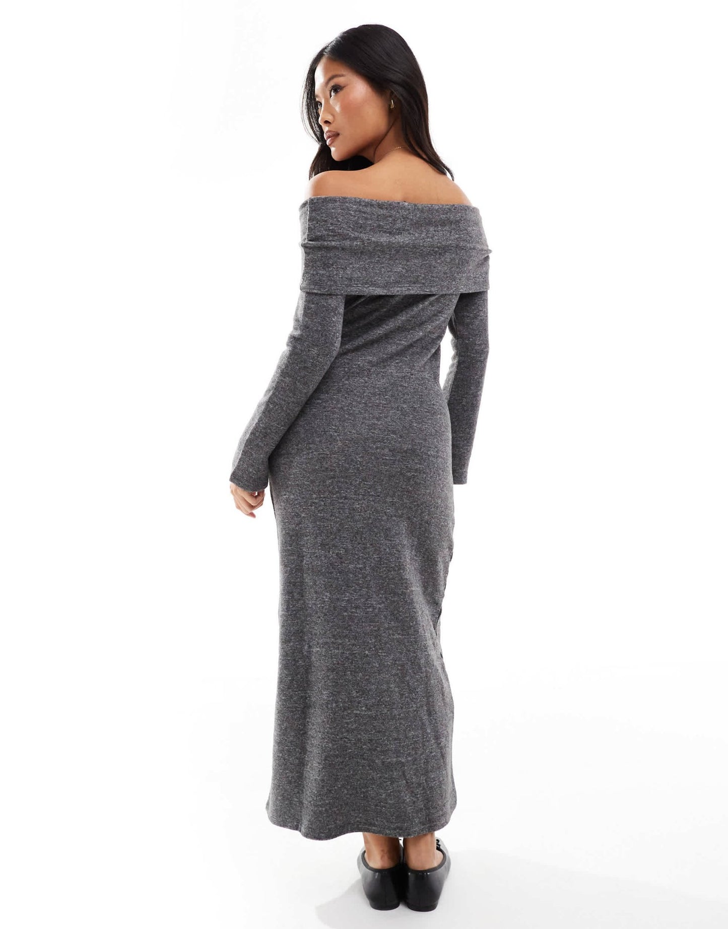 Vero Moda Petite supersoft off shoulder ankle dress in dark grey melange - ASOS Sample Sale