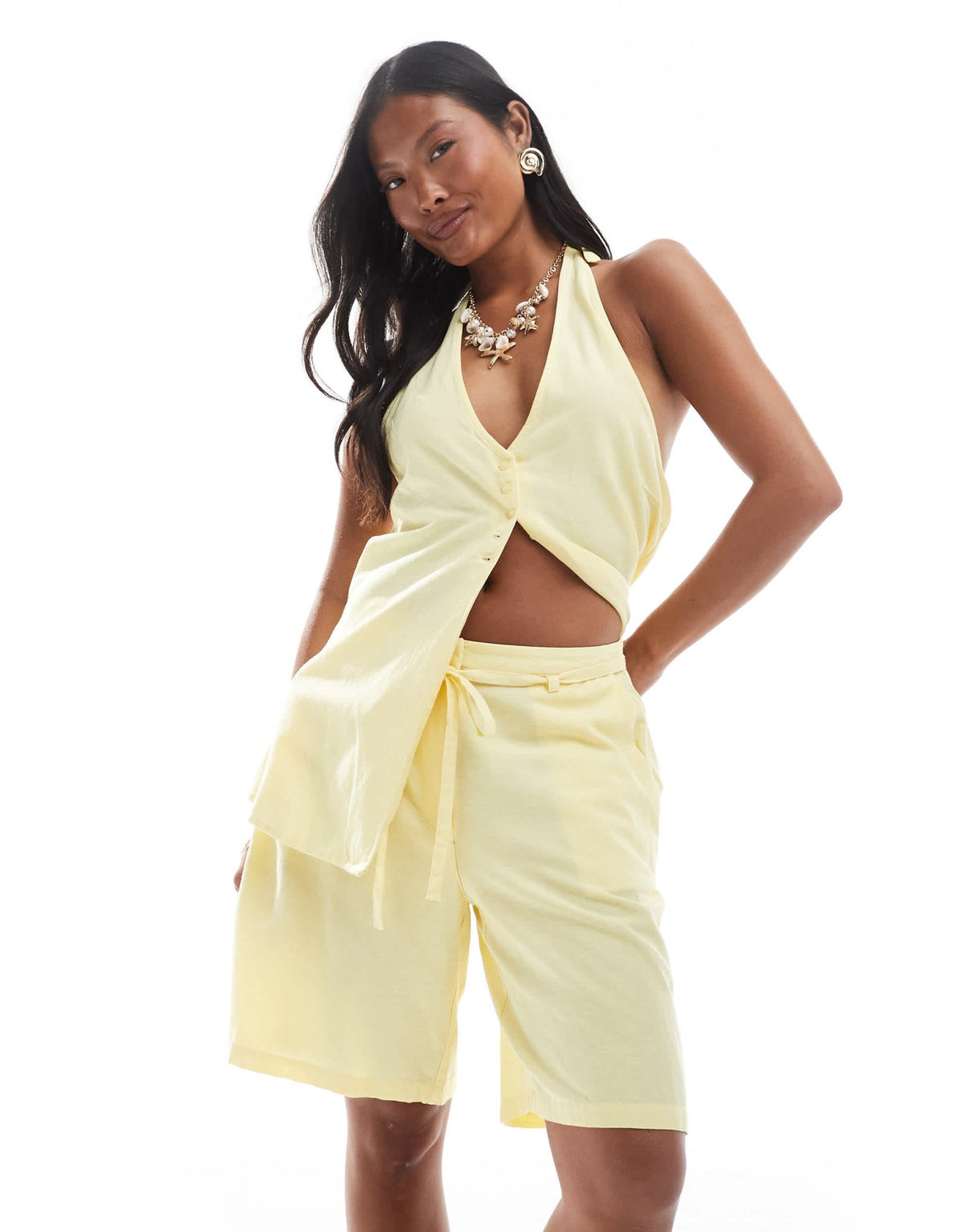Vero Moda Petite tie waist short co-ord in pale yellow - ASOS Sample Sale