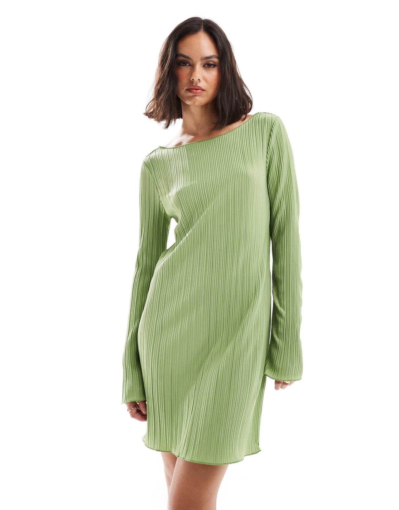 Vero Moda plisse mini dress with fluted sleeve in mid green - ASOS Sample Sale