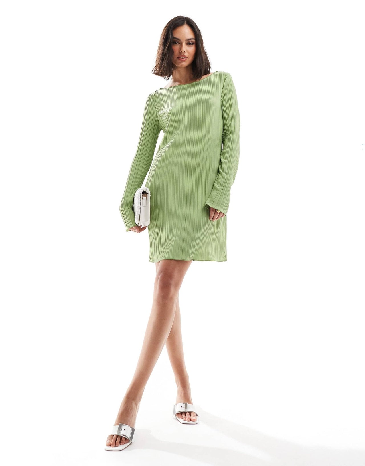 Vero Moda plisse mini dress with fluted sleeve in mid green - ASOS Sample Sale