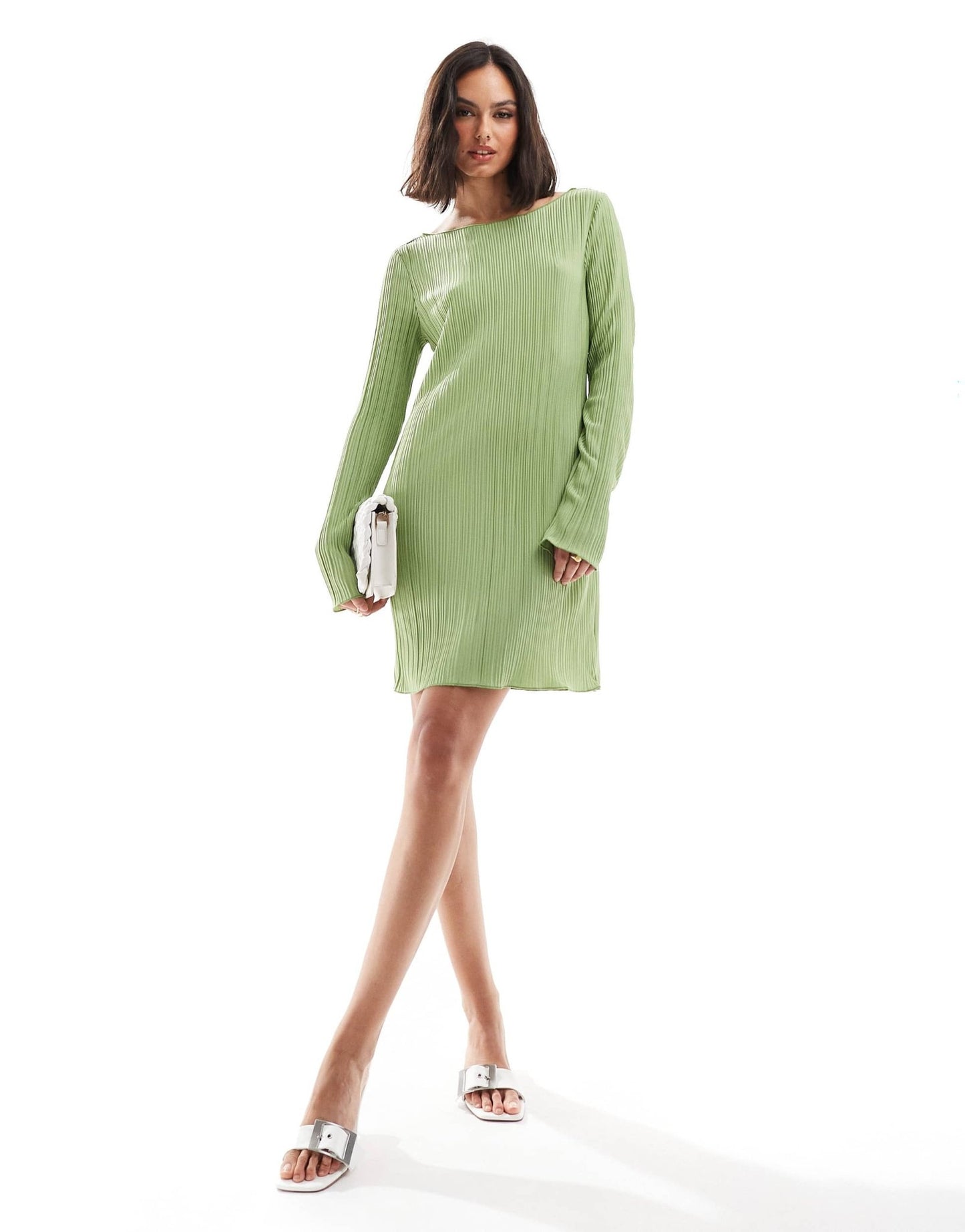 Vero Moda plisse mini dress with fluted sleeve in mid green - ASOS Sample Sale