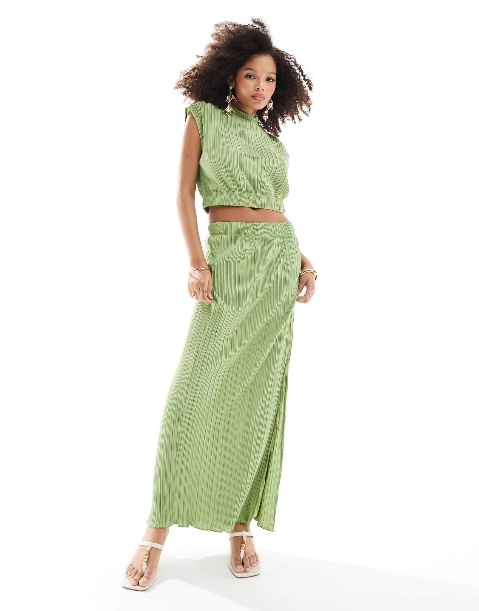 Vero Moda plisse split maxi skirt co - ord in mid green - ASOS Sample Sale