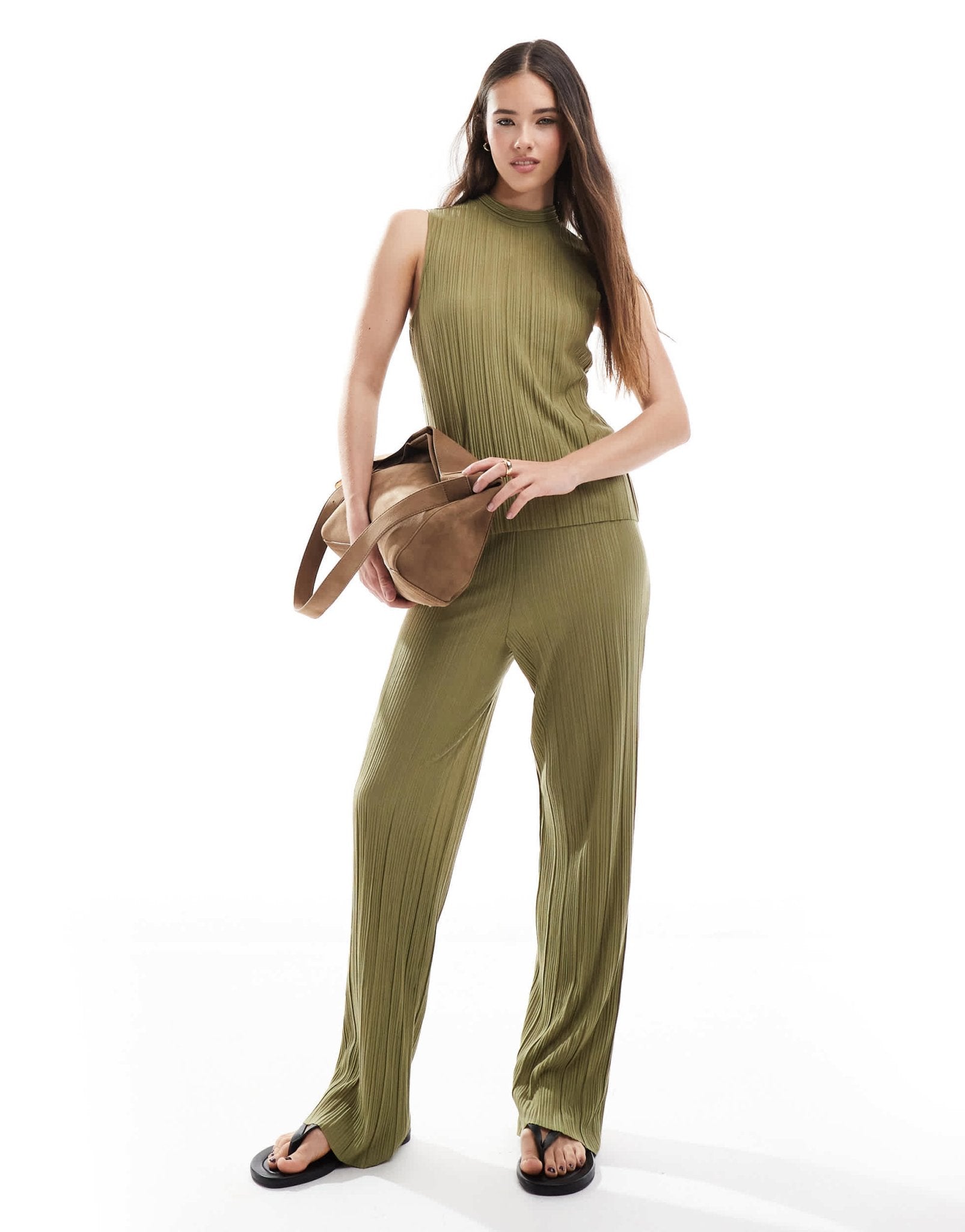 Vero Moda plisse trouser co-ord in khaki - ASOS Sample Sale