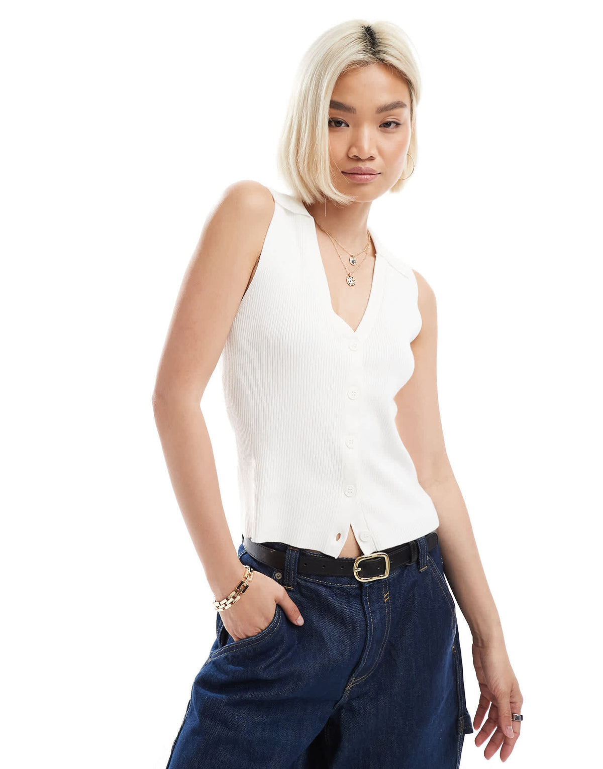 Vero Moda rib knitted sleeveless polo top in white - ASOS Sample Sale